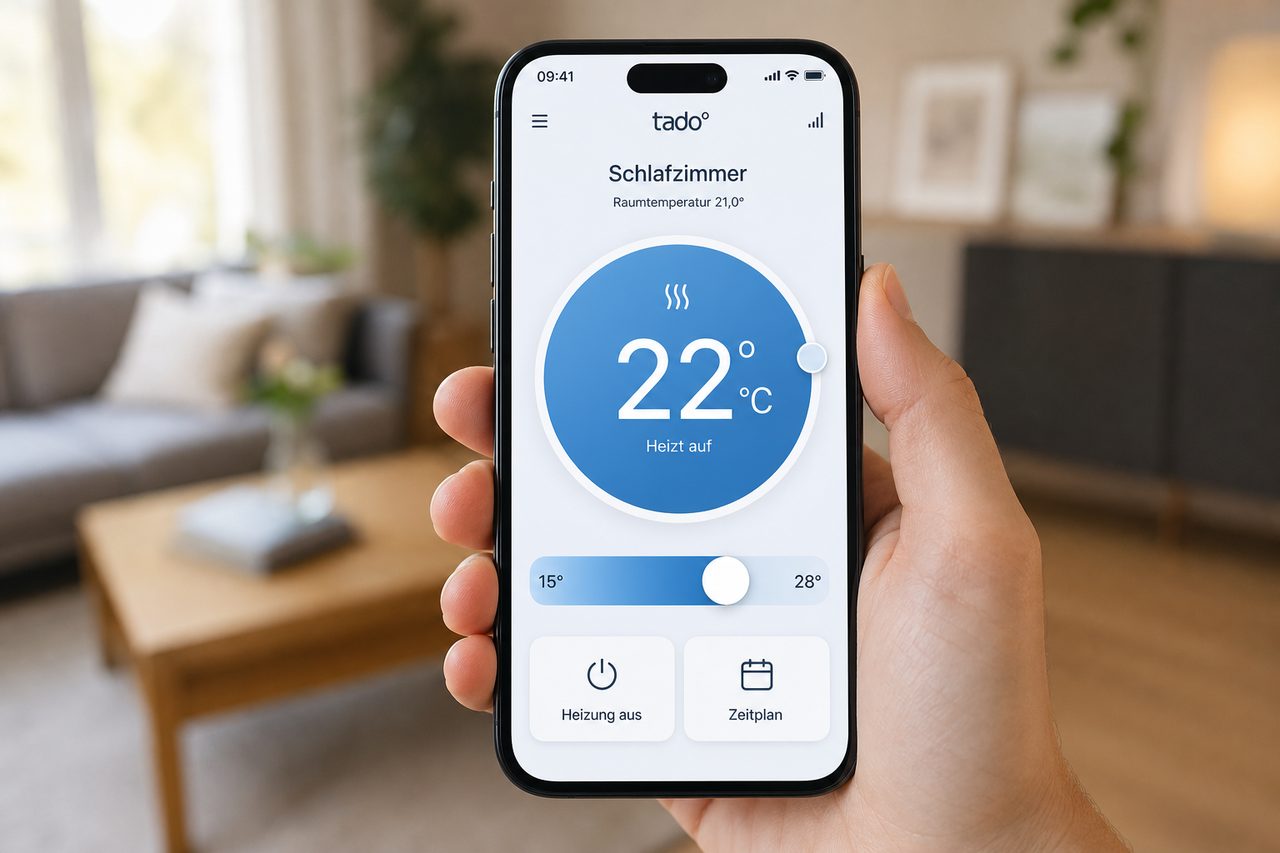 tado°-App auf dem Smartphone zeigt die Heizungssteuerung für das Schlafzimmer mit Temperaturregler und deutschen Menüs