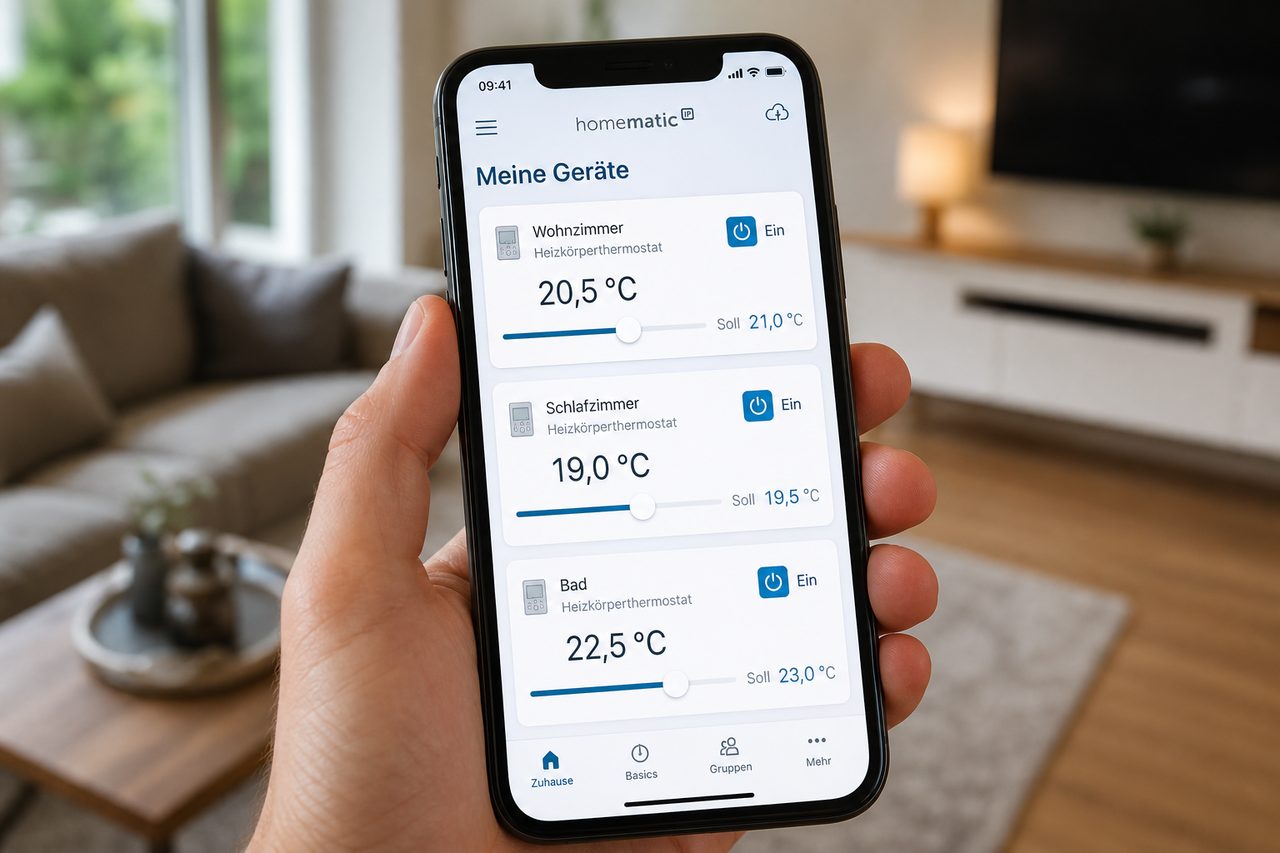 Homematic IP App auf Smartphone zeigt Übersicht von drei Heizkörperthermostaten mit Temperaturreglern
