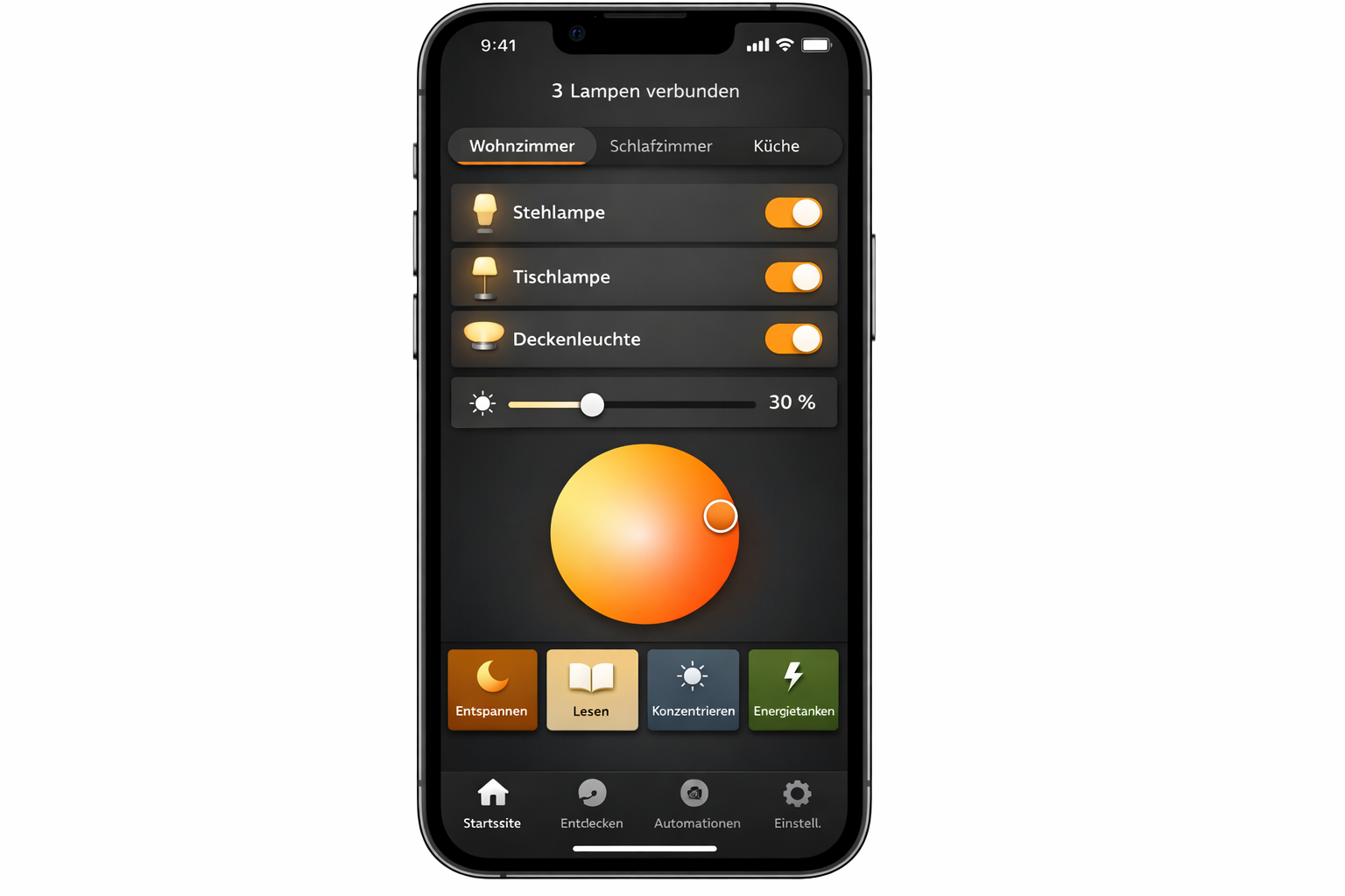 Philips Hue App Screenshot zeigt Lampensteuerung mit Helligkeits- und Farbreglern für Wohnzimmer