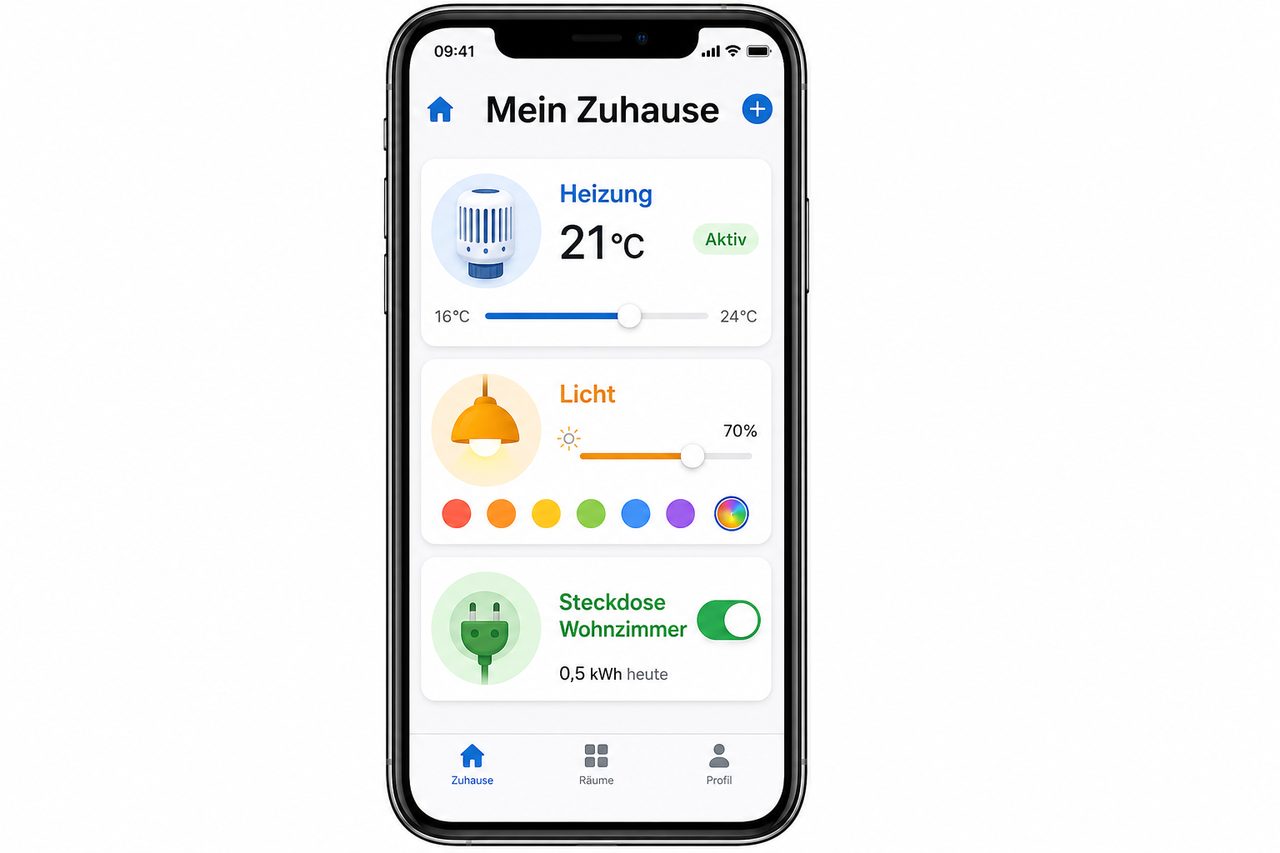 Smart-Home-App auf dem Smartphone zeigt Steuerung von Heizung, Licht und Steckdose mit deutschen Beschriftungen und Reglern