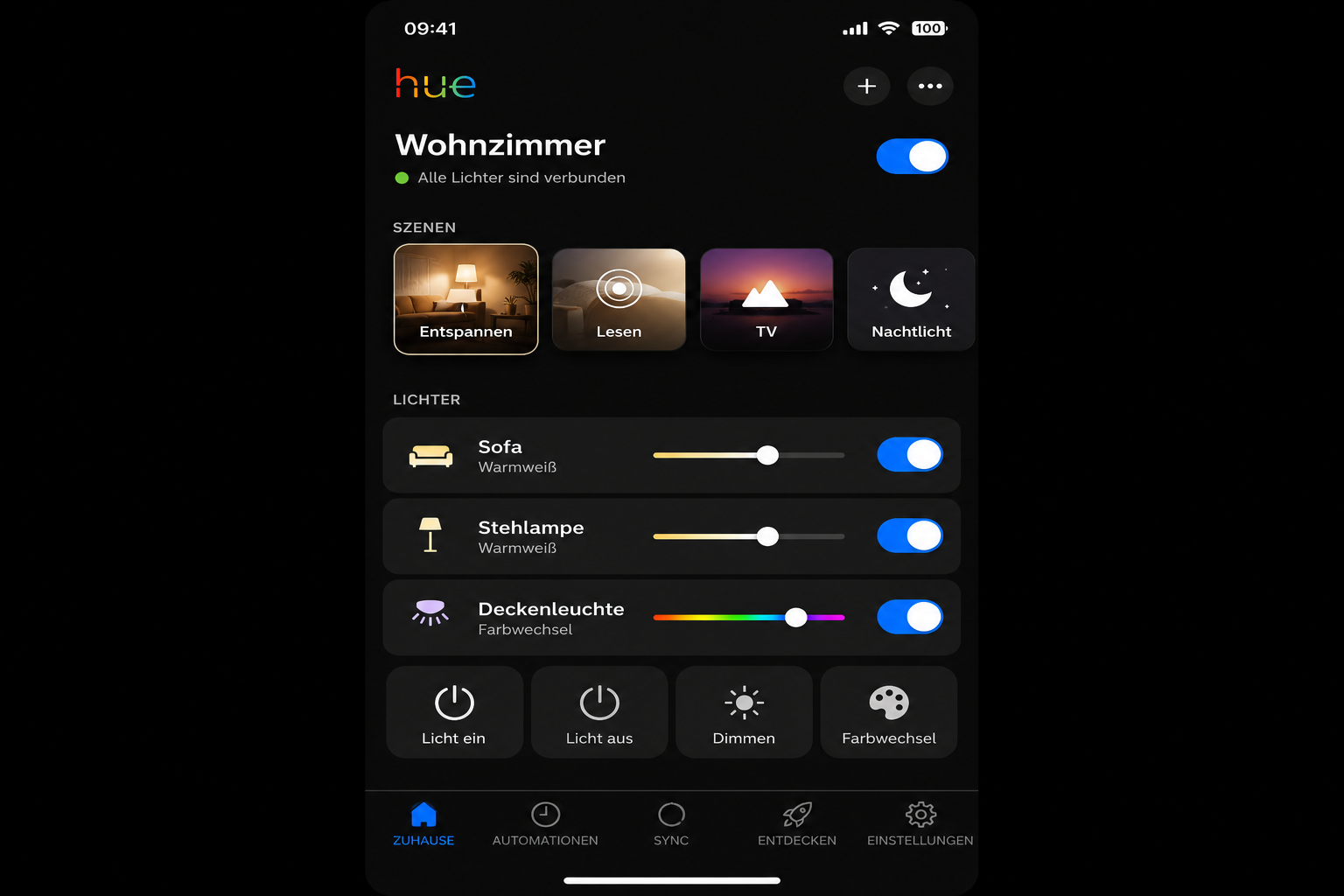 Screenshot der Philips Hue App zur Steuerung der Beleuchtung in einem Wohnzimmer.