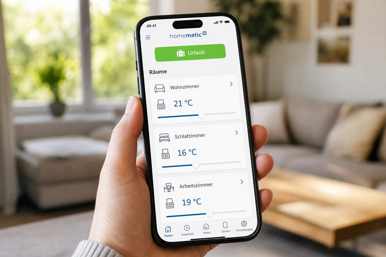 Homematic IP App auf dem Smartphone zeigt die Übersicht aller Räume mit Temperaturreglern für Wohnzimmer, Schlafzimmer und Arbeitszimmer