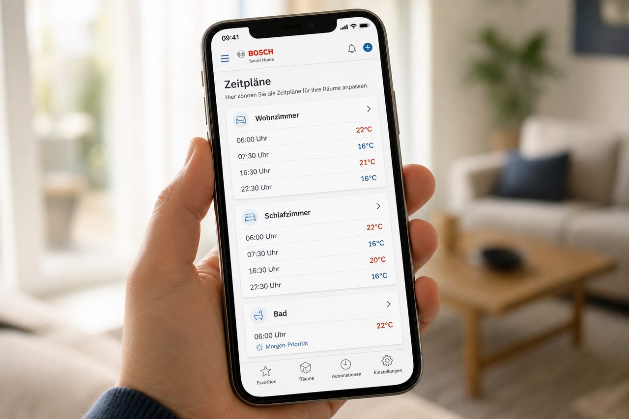 Bosch Smart Home App zeigt die Zeitplan-Übersicht für Wohnzimmer, Schlafzimmer und Bad mit individuellen Heizplänen