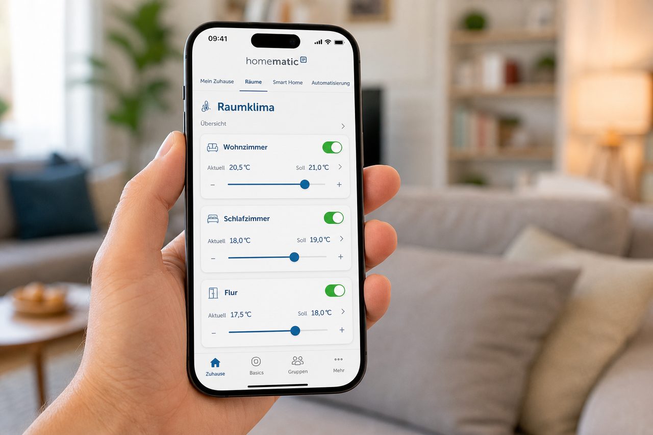 Homematic IP App auf dem Smartphone zeigt die Steuerung von drei smarten Heizkörperthermostaten mit Temperaturreglern für Wohnzimmer, Schlafzimmer und Flur