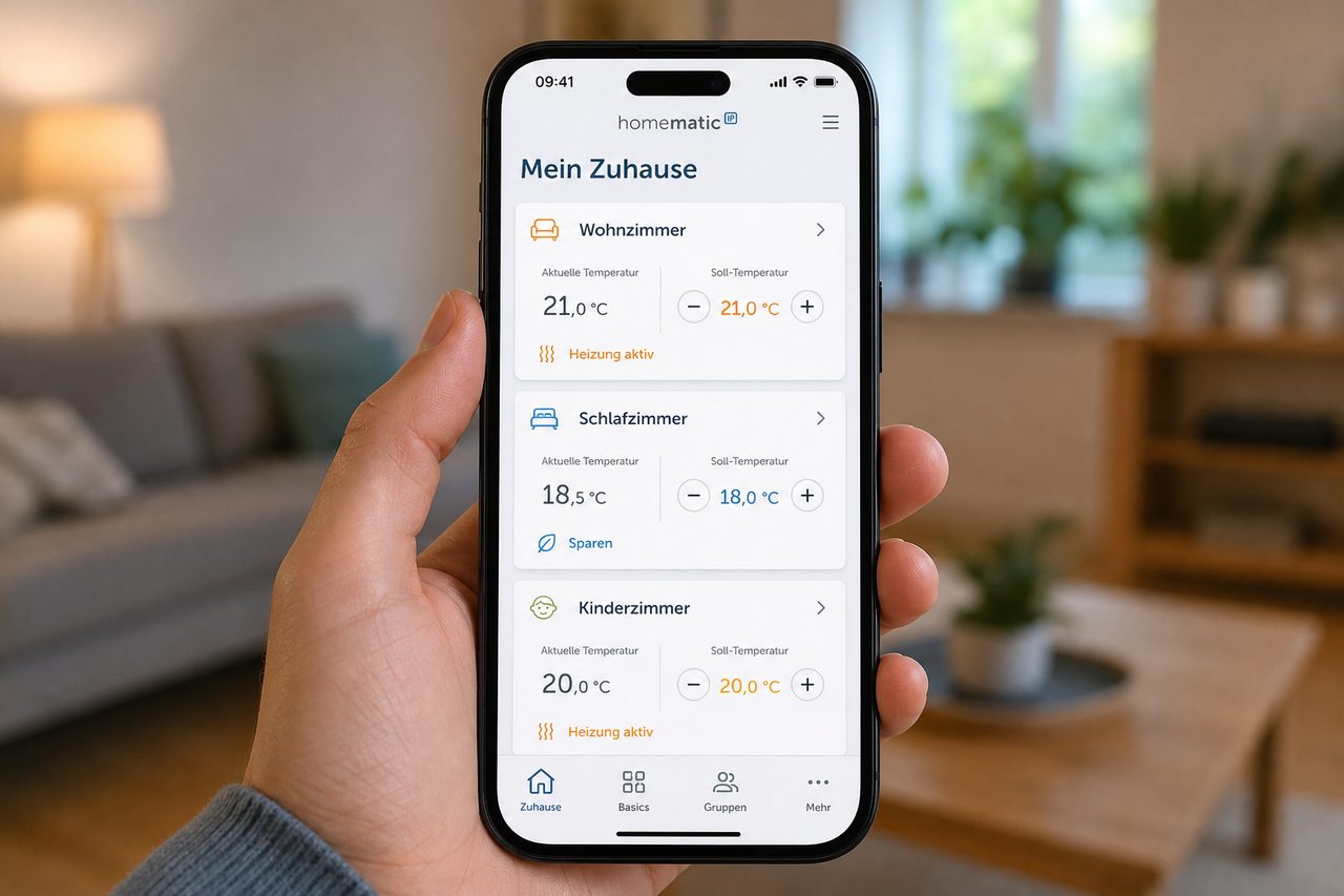 Homematic IP App auf dem Smartphone zeigt Raumübersicht mit drei Thermostaten und Temperaturreglern