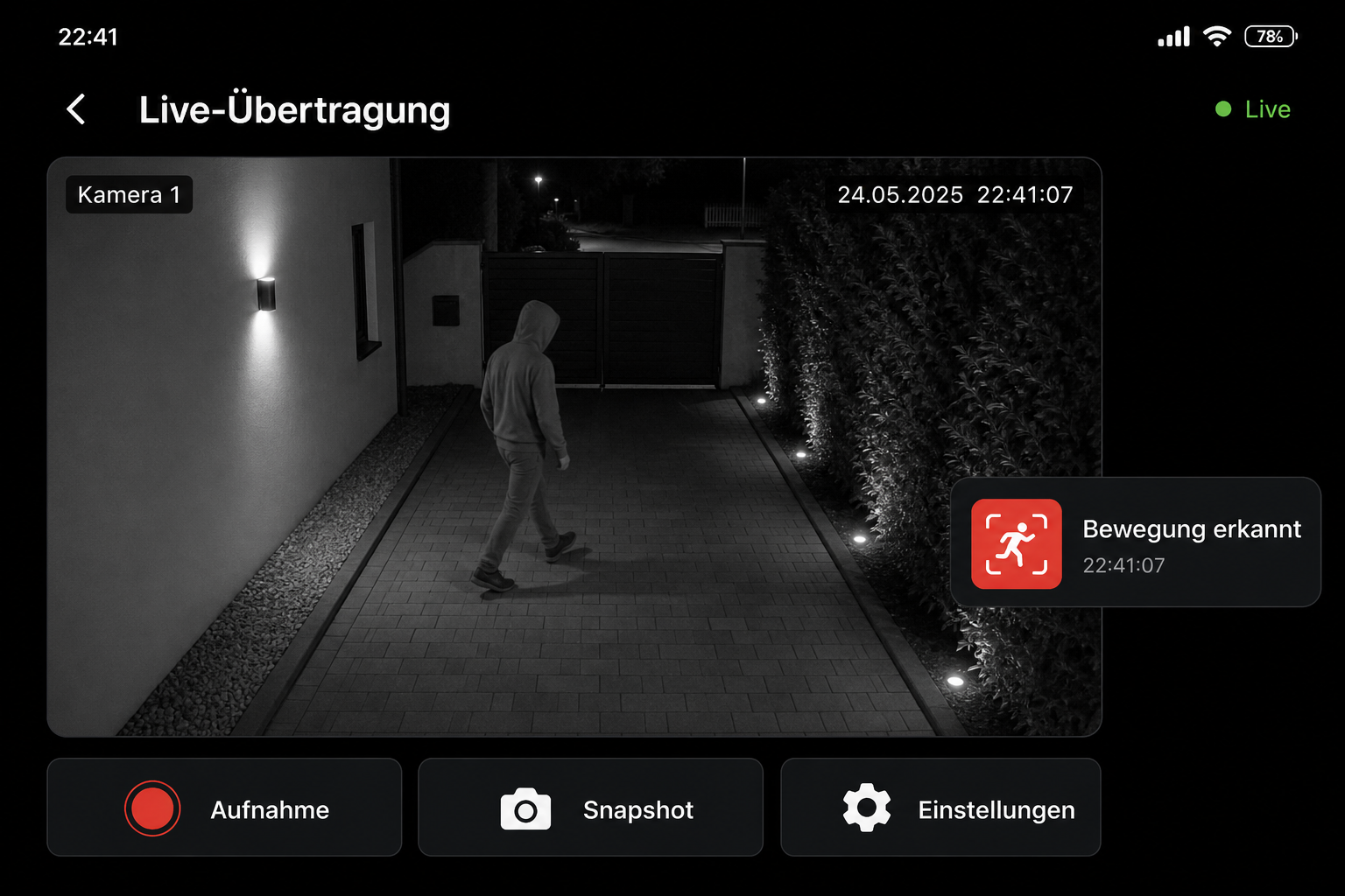 Screenshot einer Überwachungs-App mit Live-Feed und Bewegungserkennungs-Benachrichtigung.