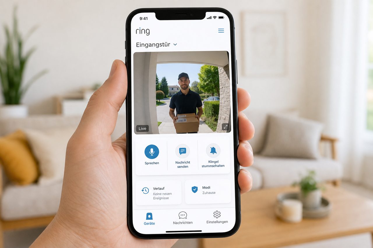 Ring App auf dem Smartphone zeigt Live-Bild der Haustür mit Buttons zum Sprechen und Nachrichten senden