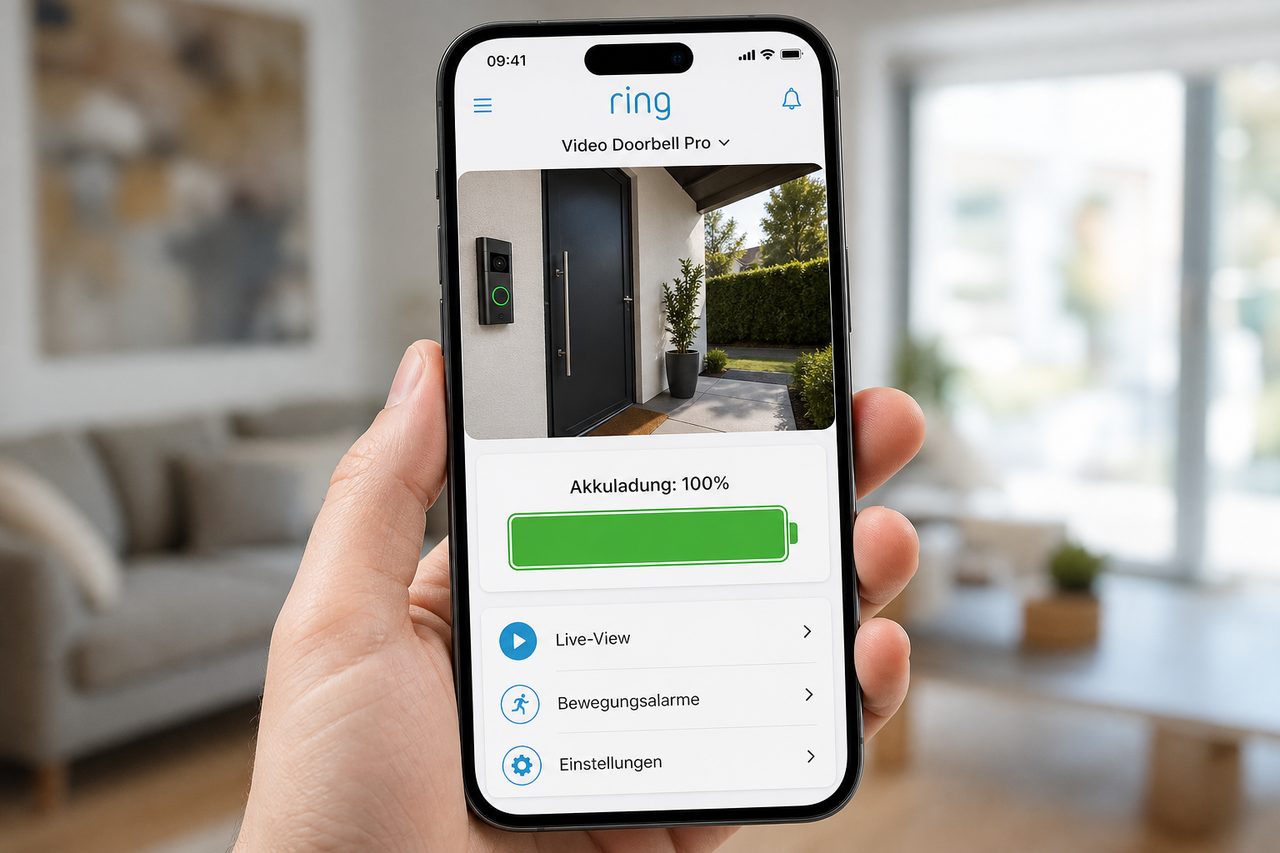Ring App auf dem Smartphone zeigt 100% Akkuladung der Video Doorbell Pro mit Live-View der Haustür
