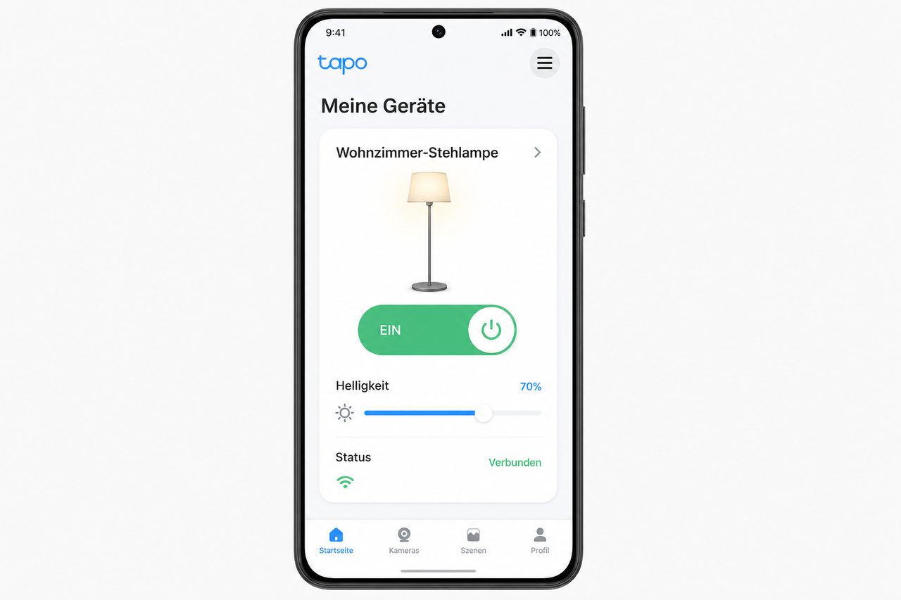 TP-Link Tapo-App auf dem Smartphone zeigt die Steuerung der Wohnzimmer-Stehlampe mit An/Aus-Schalter und Helligkeitsregler