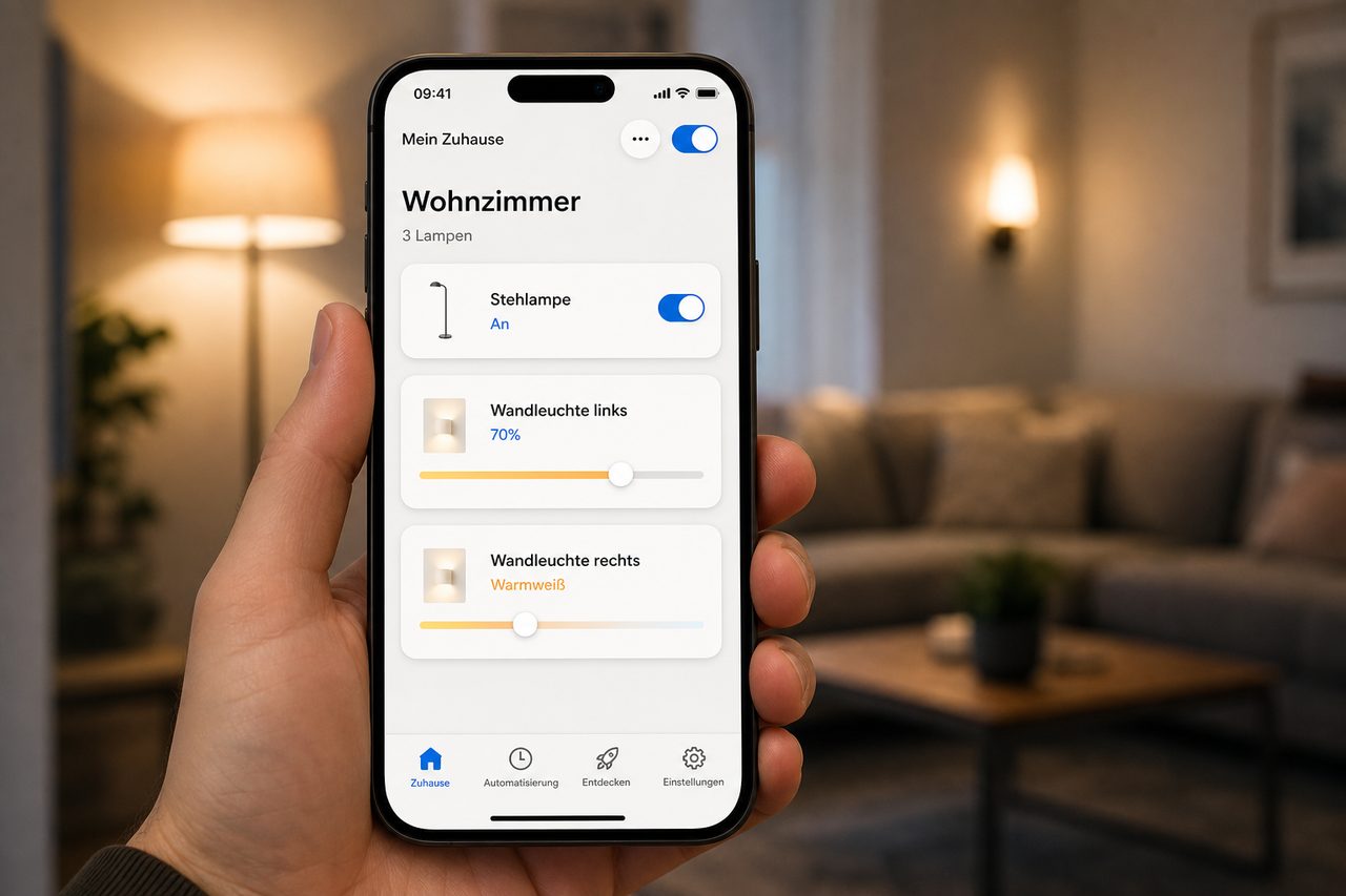 Philips Hue App auf dem Smartphone zeigt Wohnzimmer mit drei steuerbaren Lampen und Helligkeitsreglern