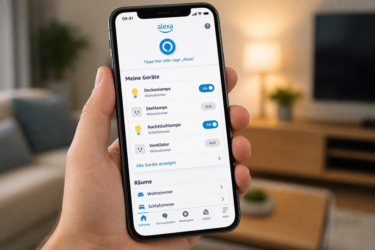 Amazon Alexa App auf dem Smartphone zeigt Gerätesteuerung und Raumübersicht