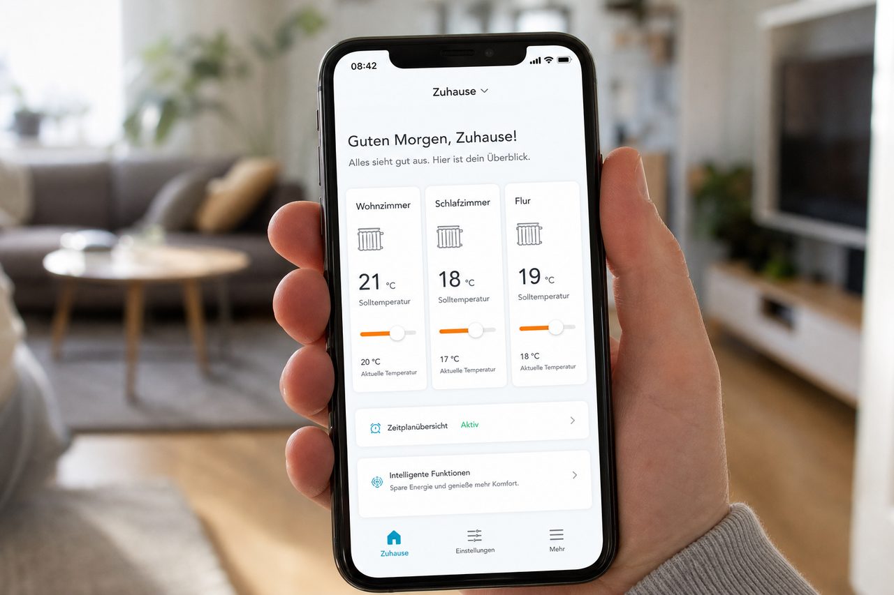 tado° App auf dem Smartphone zeigt die Temperaturregelung für drei Räume (Wohnzimmer, Schlafzimmer, Flur)