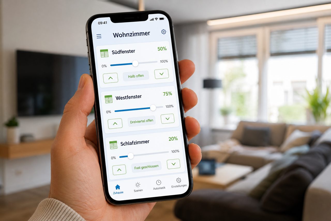 Rolladen-Steuerungsapp auf dem Smartphone – Übersicht Wohnzimmer mit drei Rolläden und Höhenreglern