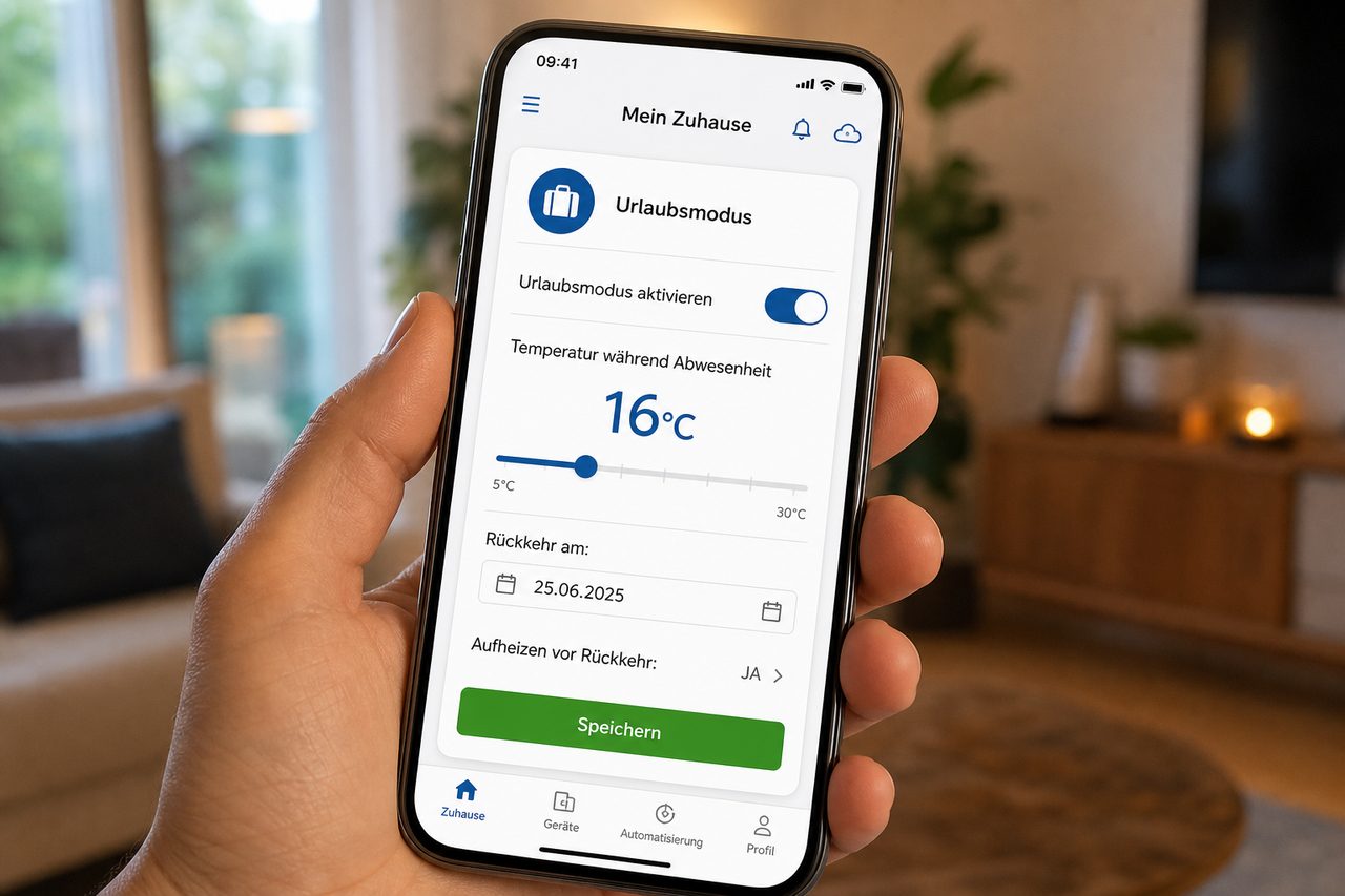 Homematic IP App auf dem Smartphone zeigt die Urlaubsmodus-Einstellung mit 16°C Temperaturregler