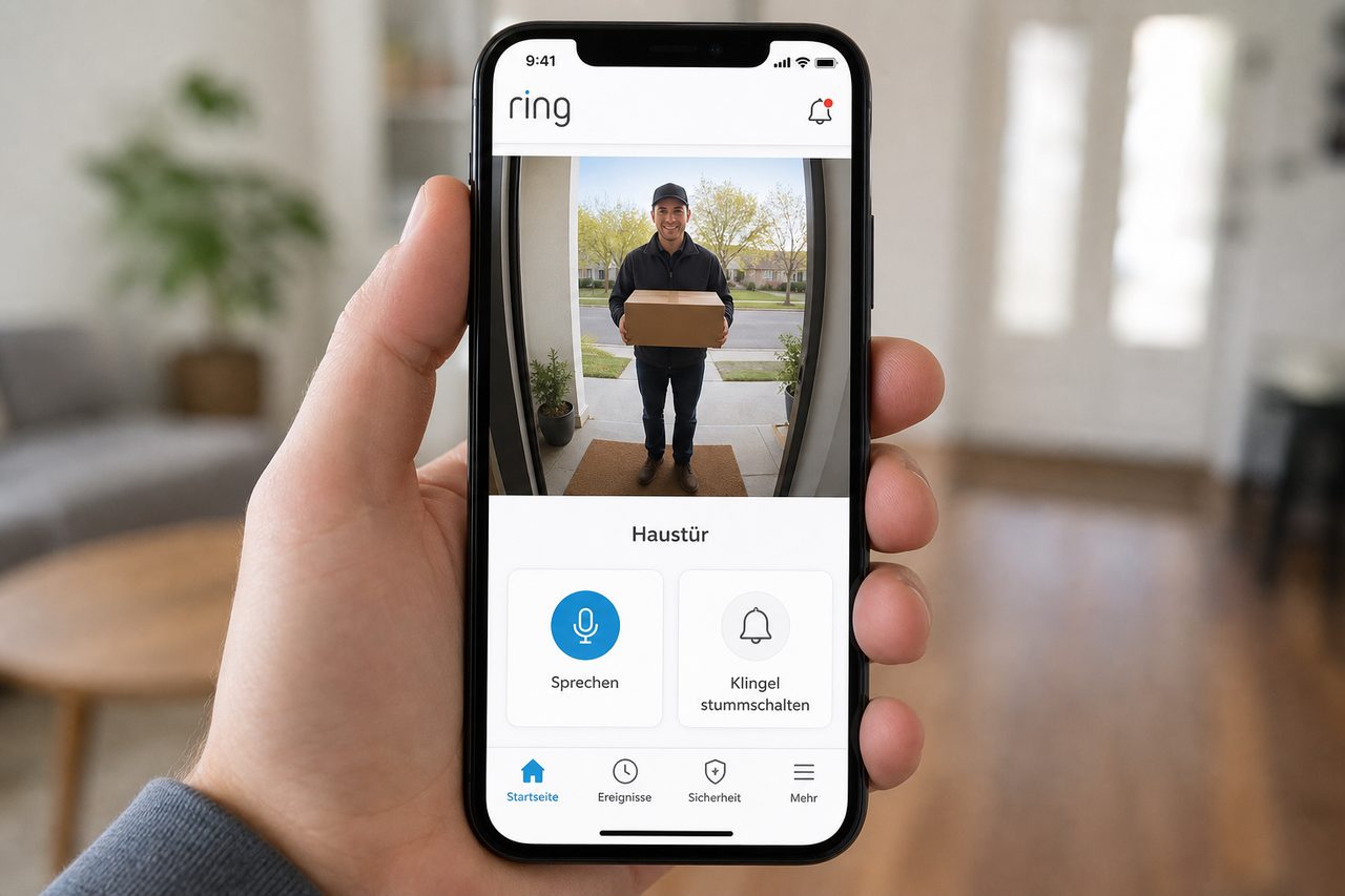 Ring App auf dem Smartphone: Live-Video der Haustür mit Paketbote, deutsche Bedienelemente zum Sprechen und Stummschalten