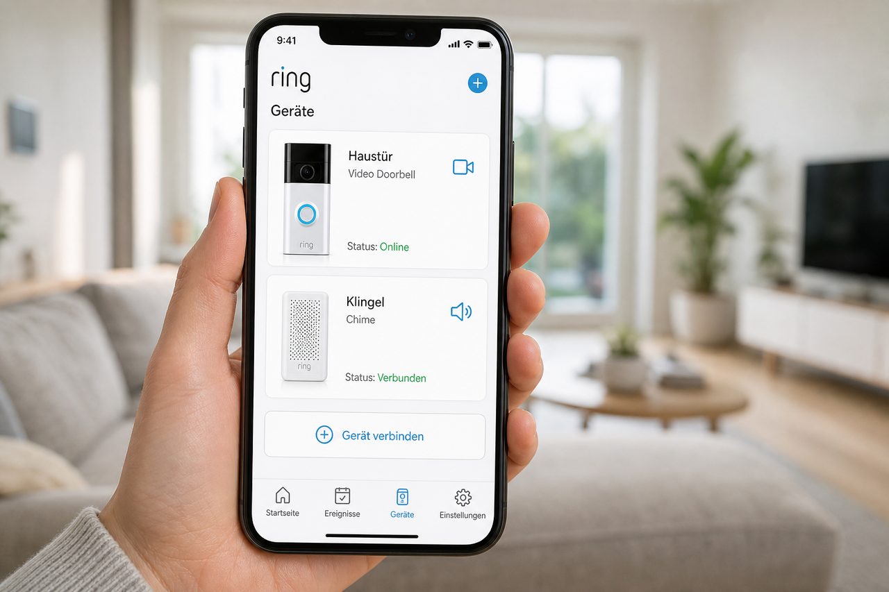 Ring-App auf dem Smartphone zeigt verbundene Geräte: Ring Video Doorbell und Ring Chime mit Status 'Online' und 'Verbunden'