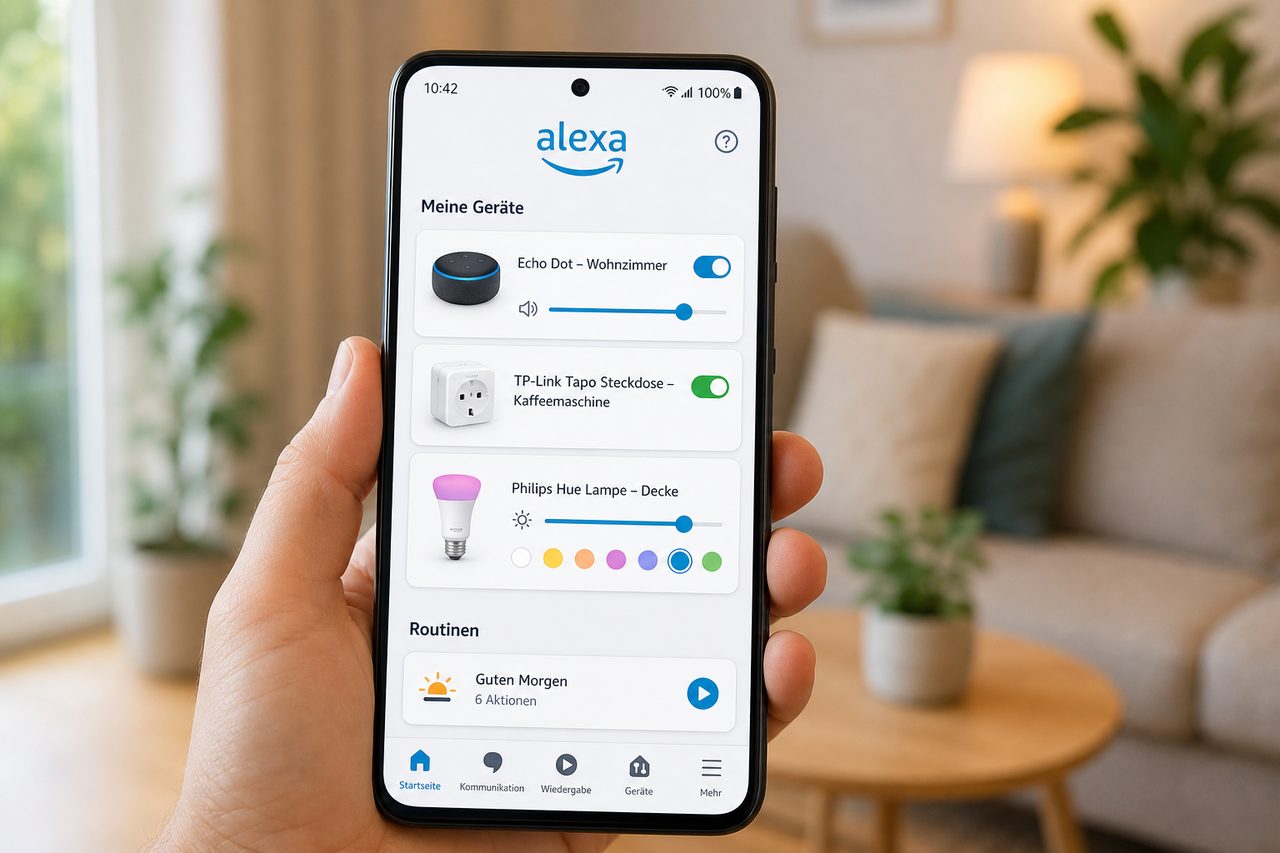 Amazon Alexa-App auf dem Smartphone – Übersicht der smarten Geräte im Wohnzimmer steuern