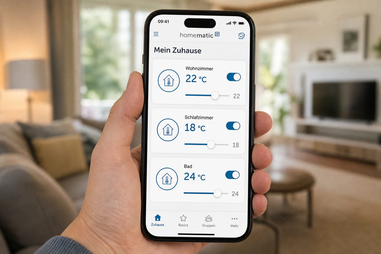 Homematic IP App auf dem Smartphone zeigt die Temperatursteuerung für drei Räume (Wohnzimmer, Schlafzimmer, Bad) mit Reglern