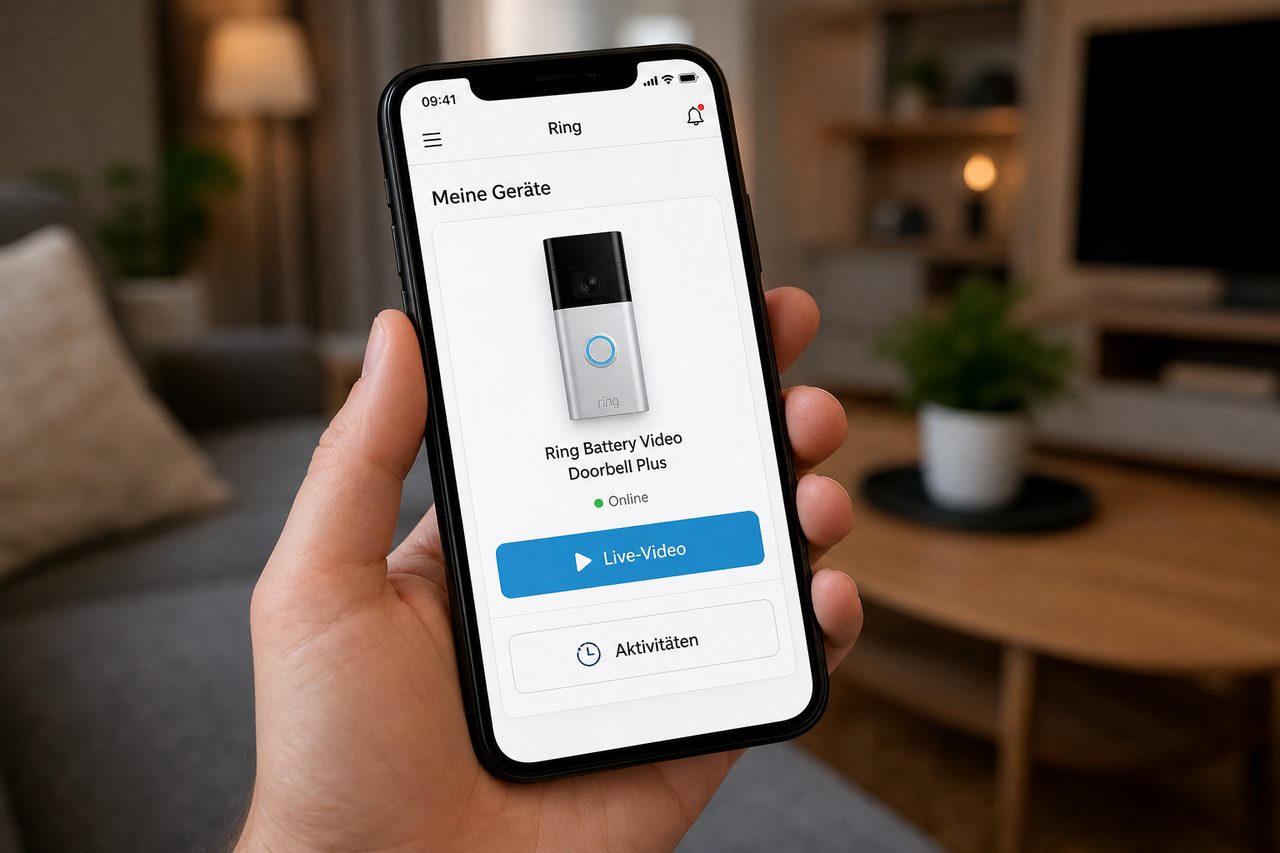 Ring App auf dem Smartphone zeigt die Geräteverwaltung mit Online-Status der Türklingel