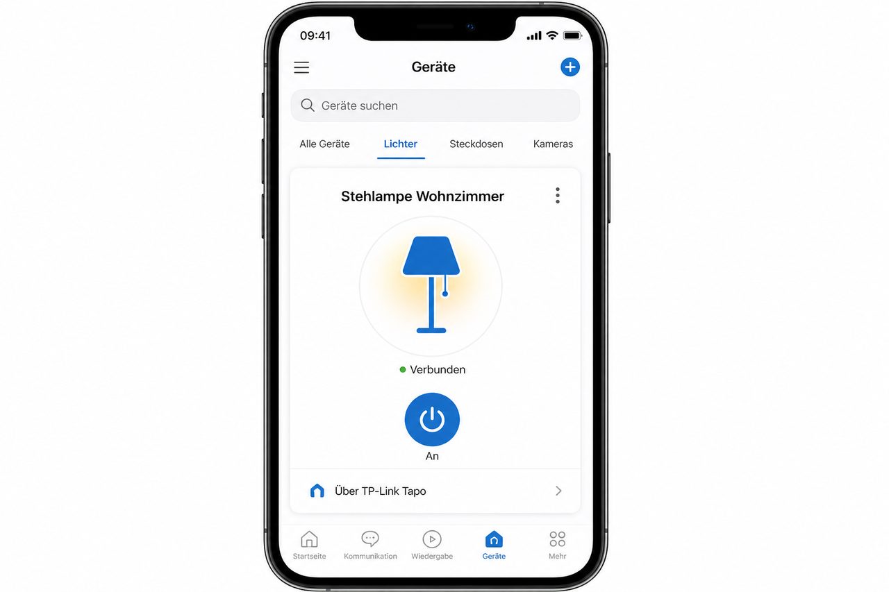 Amazon Alexa-App auf dem Smartphone zeigt die verbundene smarte Stehlampe mit An/Aus-Steuerung