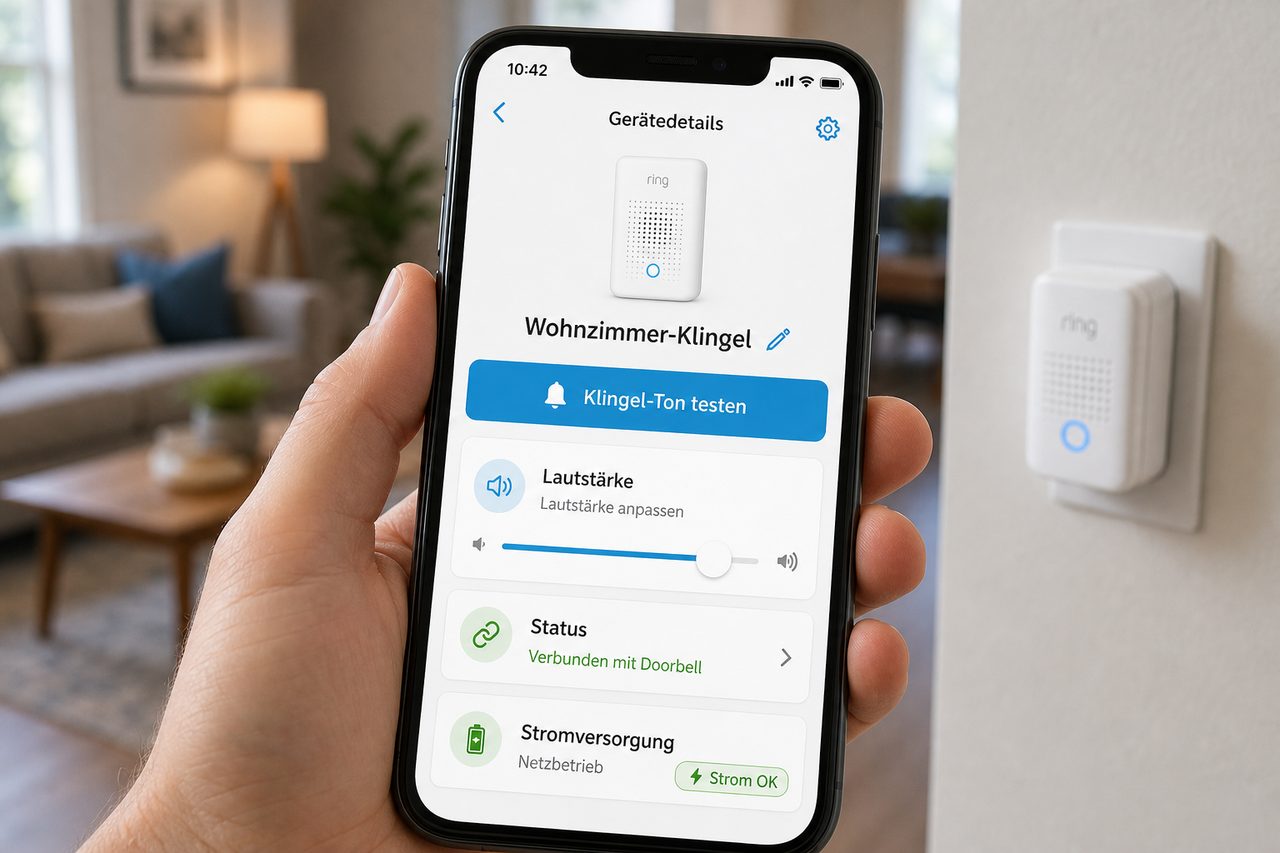 Ring-App Detailansicht des Ring Chime zeigt Lautstärke-Regler, Sound-Test-Button und Verbindungsstatus auf Deutsch