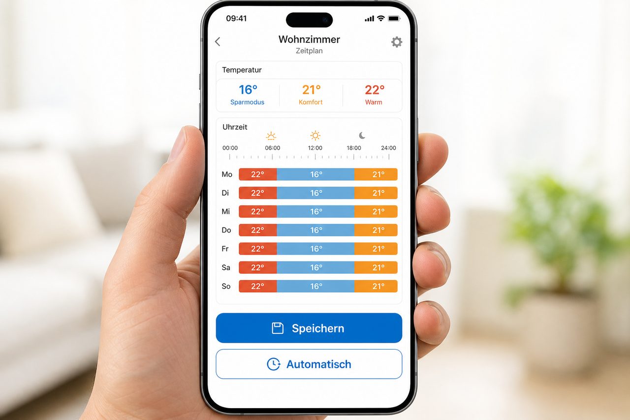 Zeitplan-Einstellung in der Smart-Home-App: Wochenplan mit automatischen Heiztemperaturen für Morgen, Tag und Abend