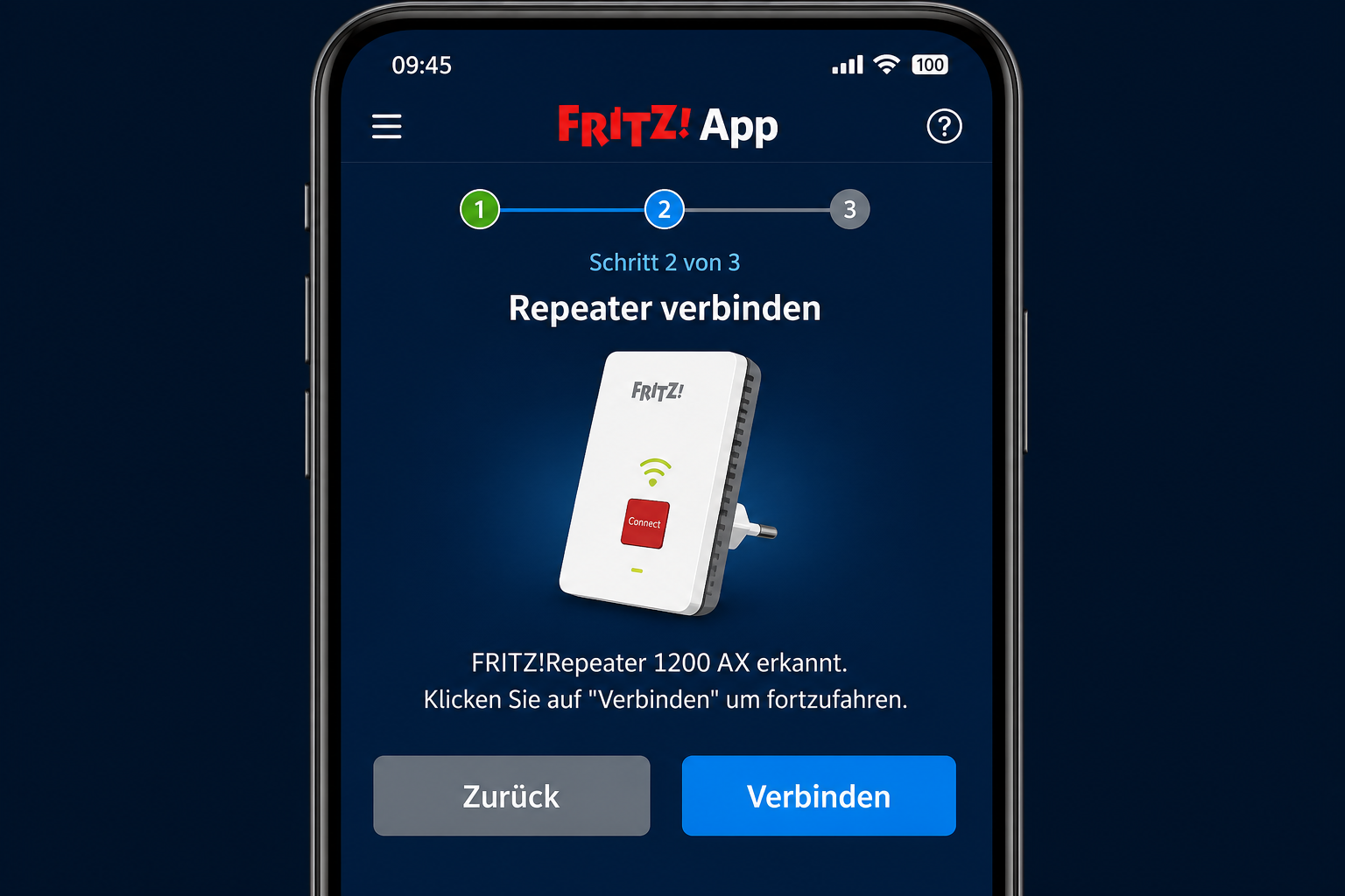 FRITZ!App Repeater-Einrichtungsbildschirm: Schritt 2 zeigt Verbindungsbestätigung für FRITZ!Repeater 1200 AX