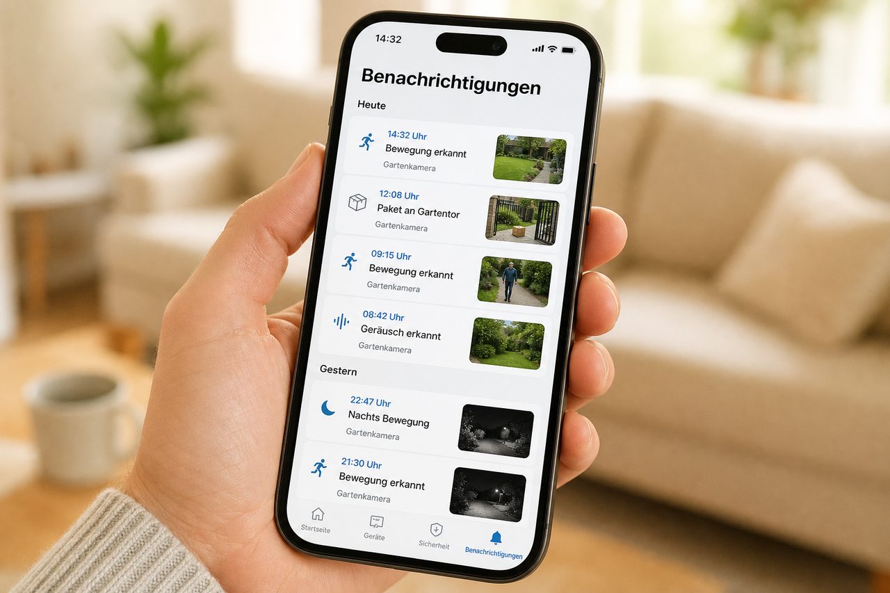 eufy Security App Benachrichtigungen-Übersicht zeigt Bewegungsereignisse mit Zeitstempel und Vorschaubildern aus dem Garten