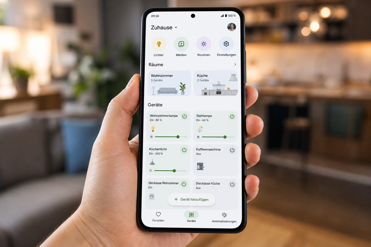 Google Home App auf dem Smartphone zeigt Raumsteuerung und Geräteübersicht