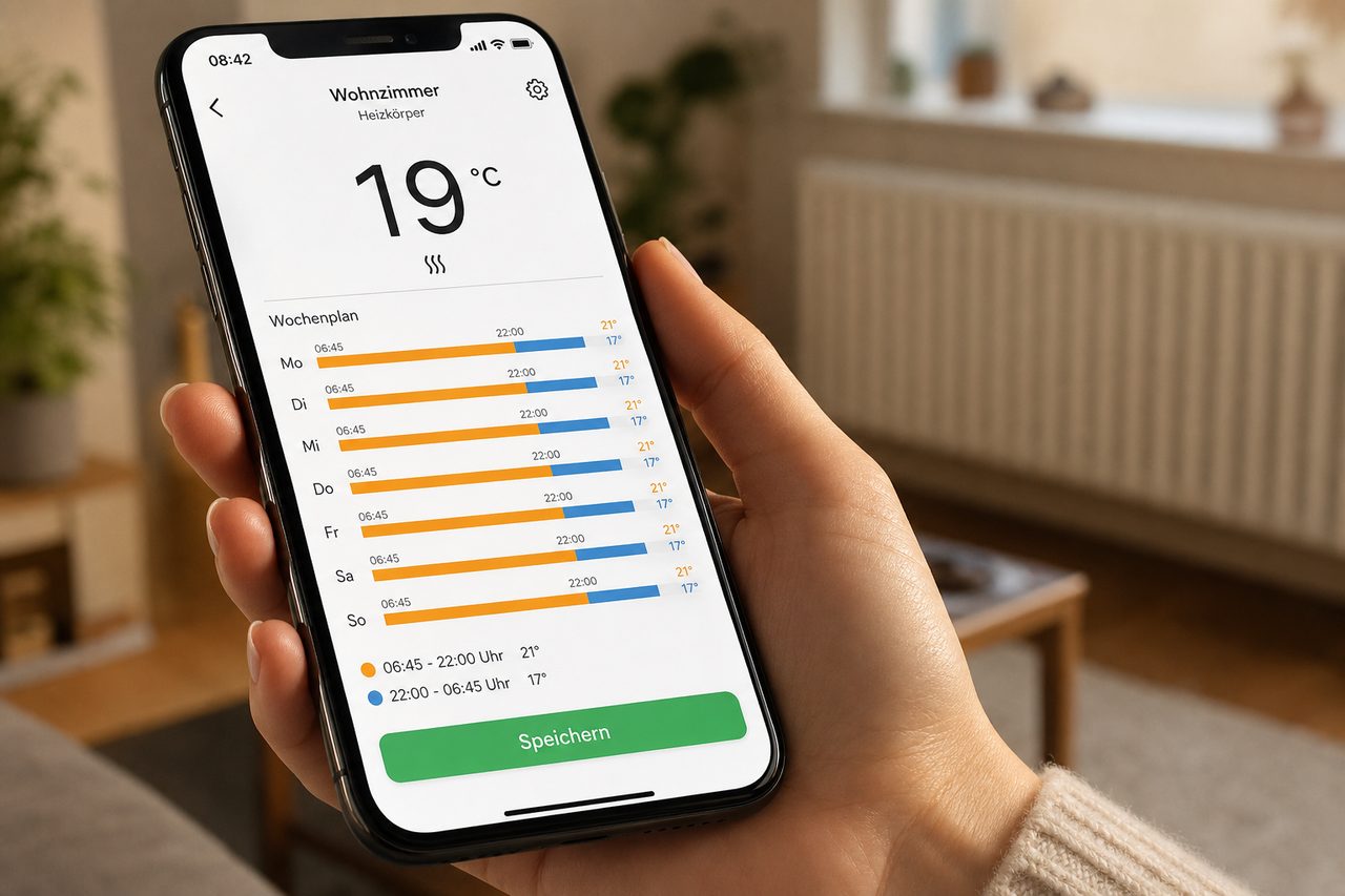 Tado-App auf Smartphone in der Hand zeigt Heizplan für die Woche mit Temperaturreglern und Uhrzeiten auf Deutsch