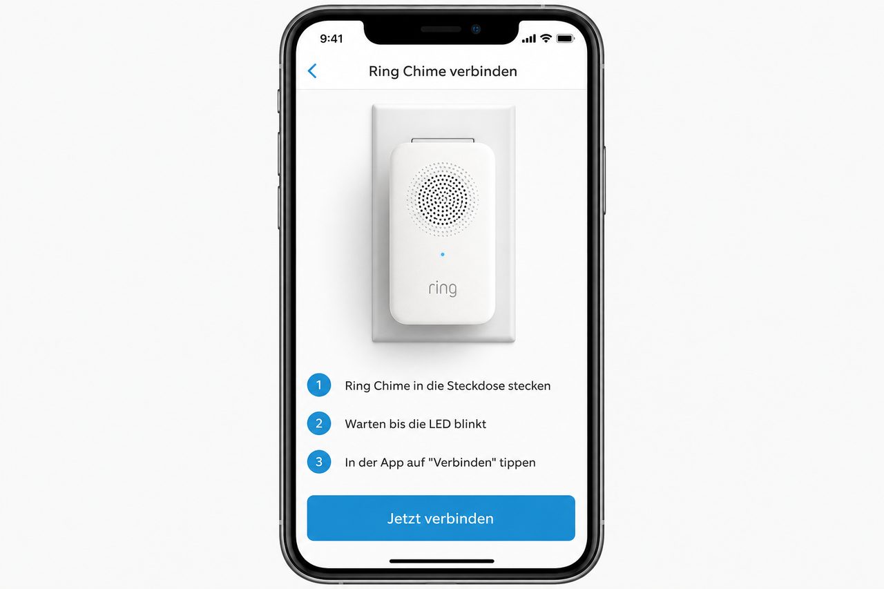 Ring App: Einrichtungsbildschirm für den Ring Chime Gen 2 mit Schritten zur Verbindung