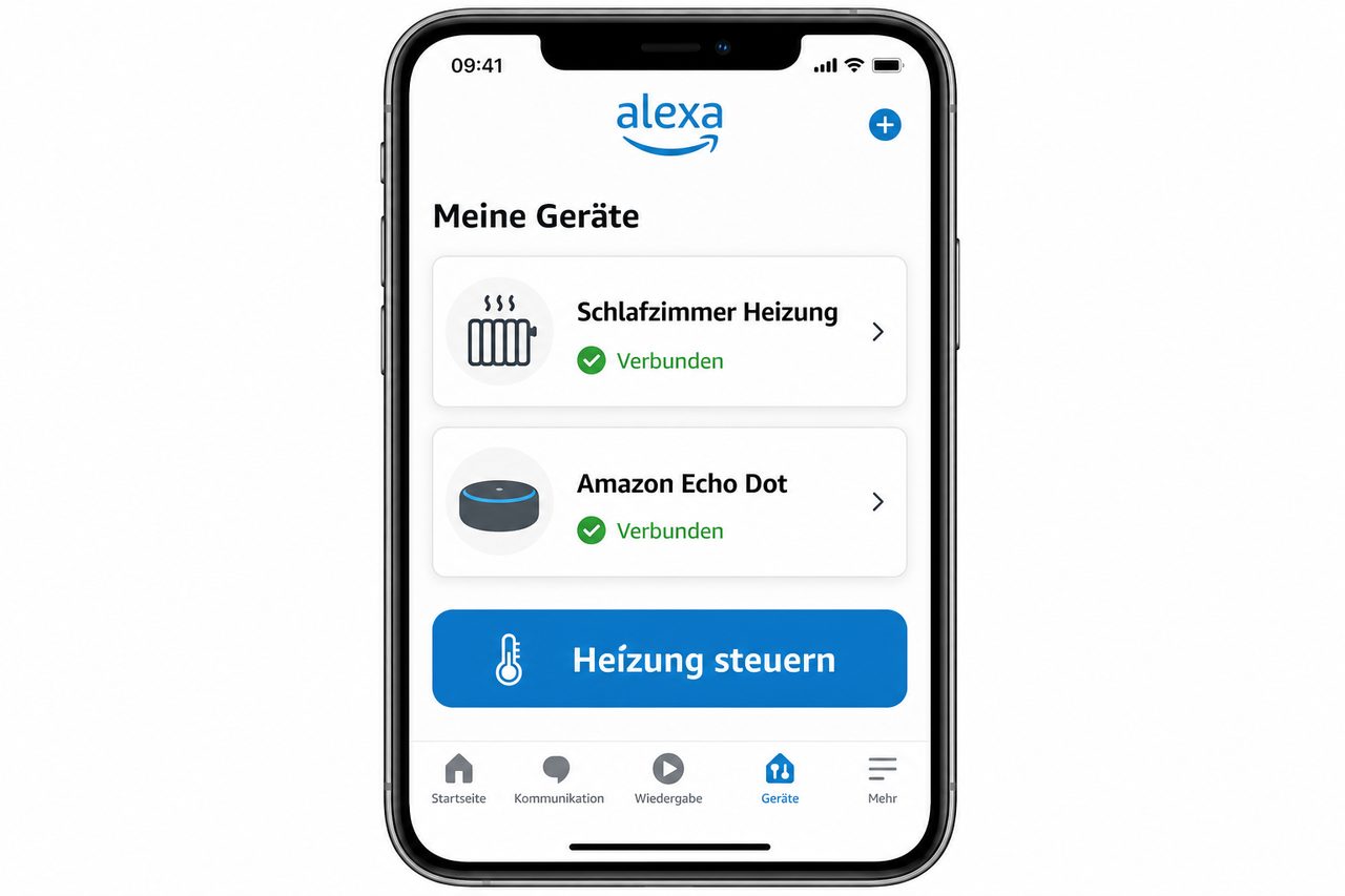 Alexa-App auf dem Smartphone zeigt verbundene Geräte: Schlafzimmer Heizung und Echo Dot mit Steuerungsbutton