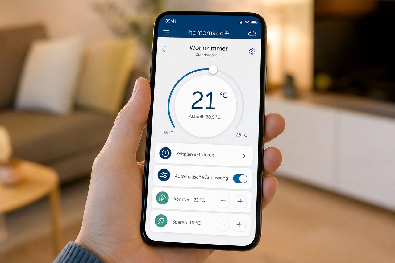 Homematic IP App Detailansicht zeigt Temperaturregler und Zeitplan-Optionen für das Wohnzimmer auf Deutsch