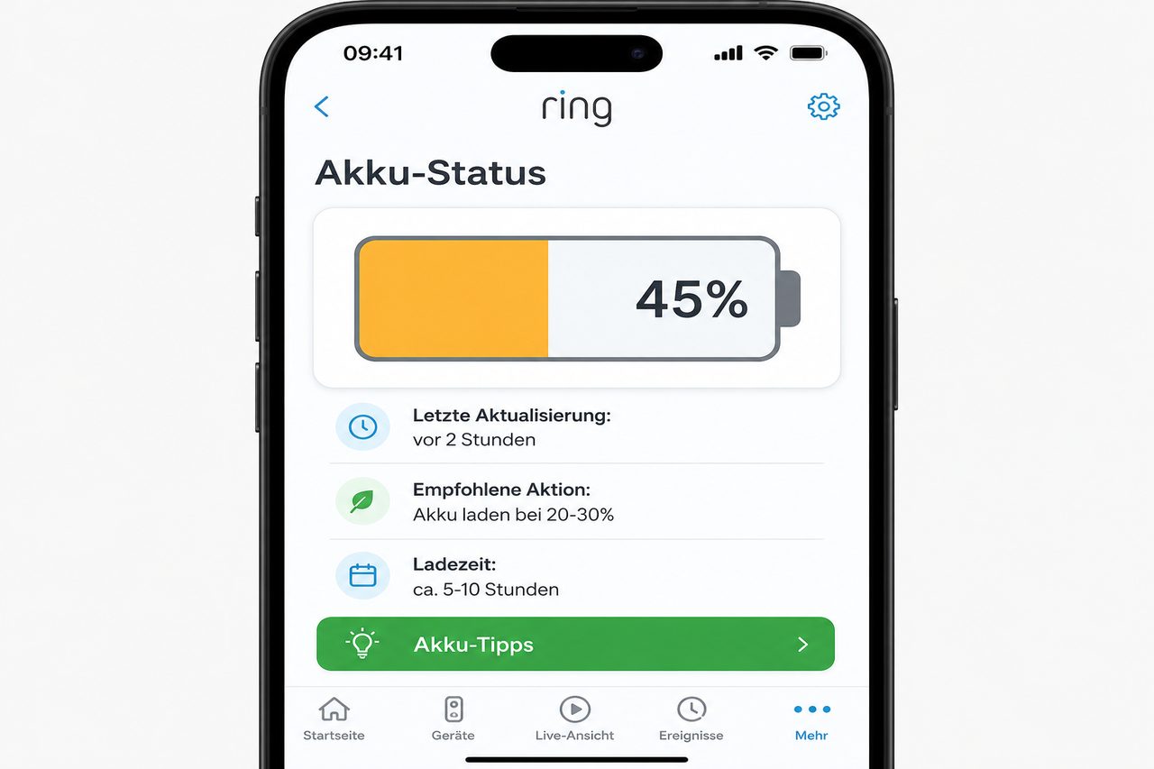 Ring App Akku-Status-Bildschirm zeigt 45% Ladung mit Empfehlung zum Laden bei 20-30%