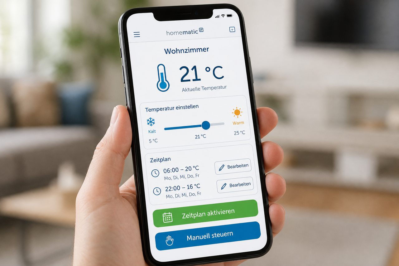Homematic IP App Detailansicht für das Wohnzimmer mit Temperaturregler und Zeitplan-Einstellungen auf Deutsch