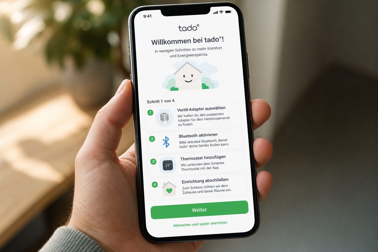 tado° App Einrichtungsassistent auf dem Smartphone mit Schritt-für-Schritt Anleitung auf Deutsch