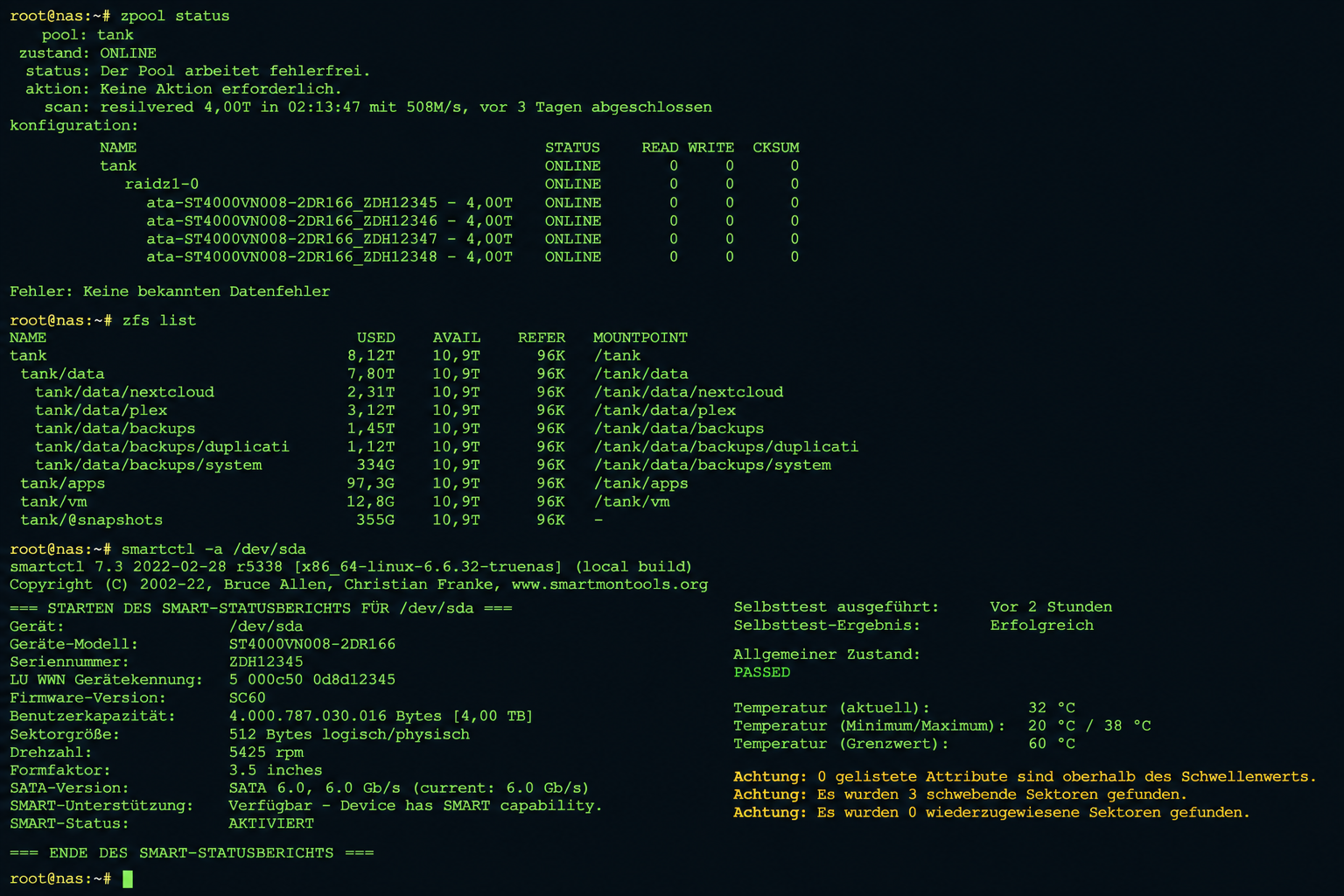 TrueNAS Scale Terminal mit ZFS Pool Status, Dataset-Übersicht und Festplatten-Health-Check