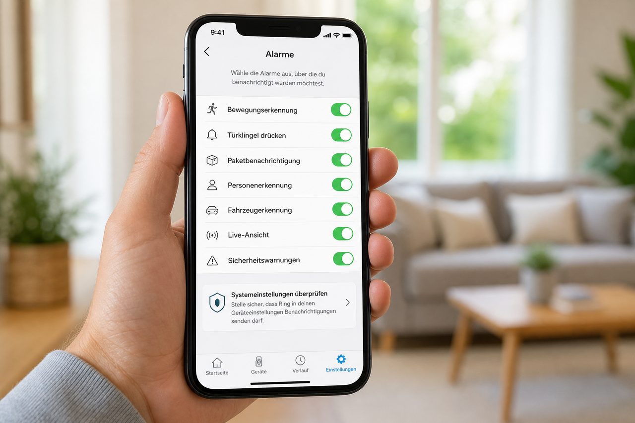 Ring App Benachrichtigungseinstellungen zeigen aktivierte Benachrichtigungen für Türklingel und Bewegung