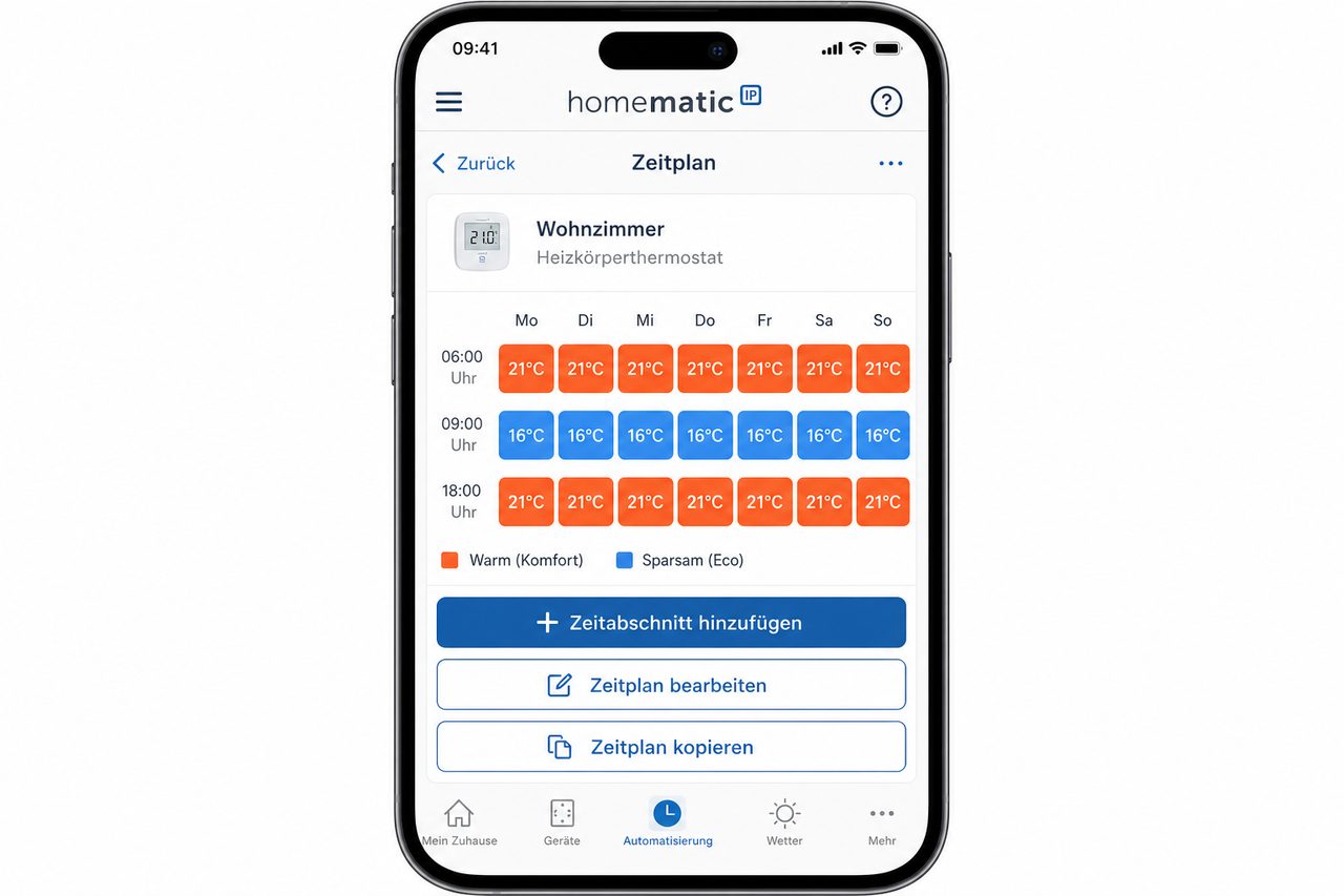 Homematic IP App zeigt einen deutschen Wochenplan für smarte Heizkörper-Thermostate mit Zeitplänen für morgens, tagsüber und abends