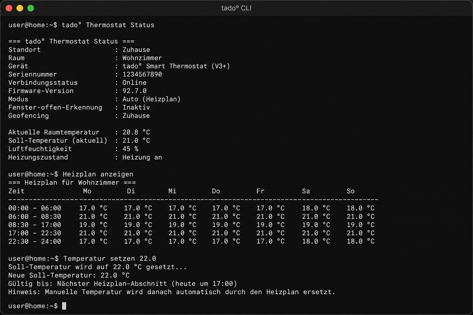 Terminal-Screenshot zur Konfiguration und Statusanzeige eines tado° Smart Thermostats.