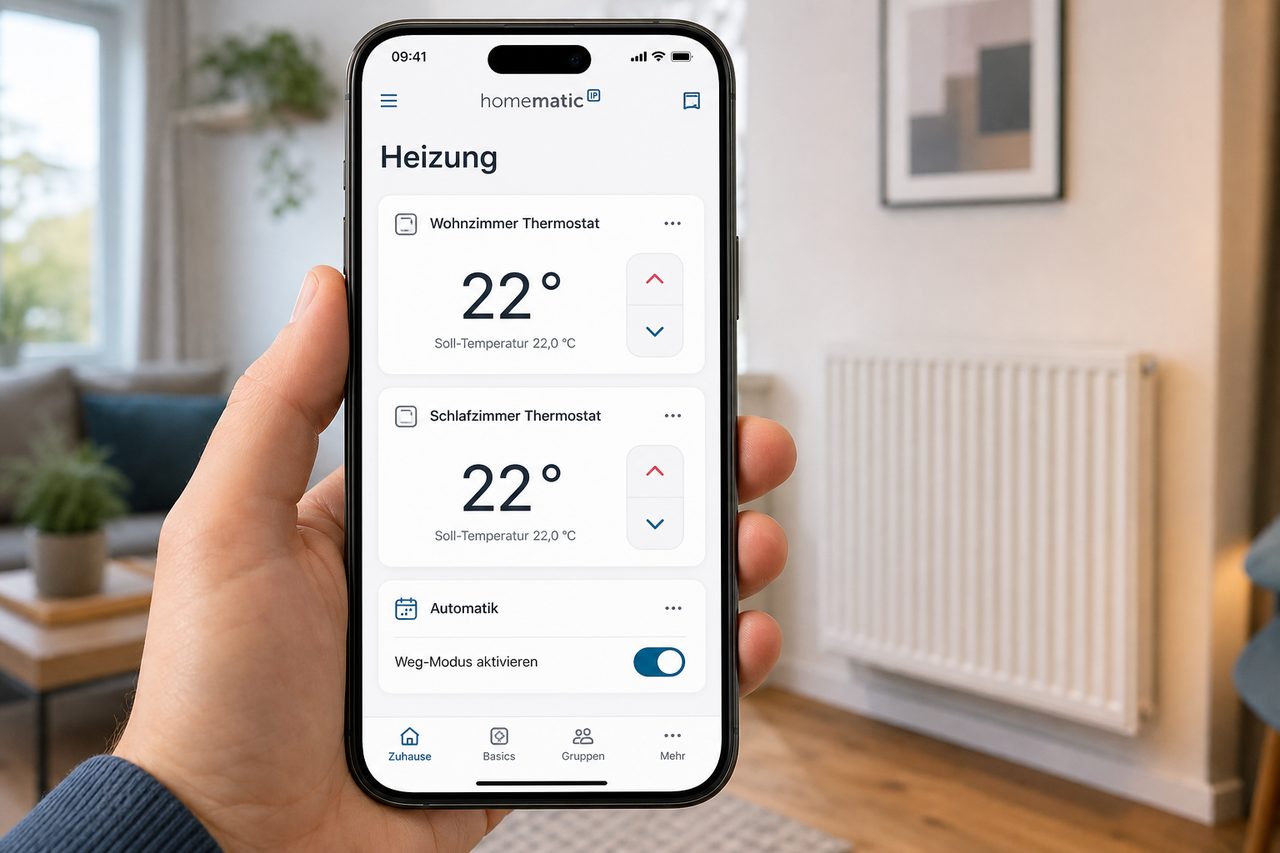 Homematic IP App auf dem Smartphone: Heizungs-Übersicht mit Thermostaten und Weg-Modus-Steuerung