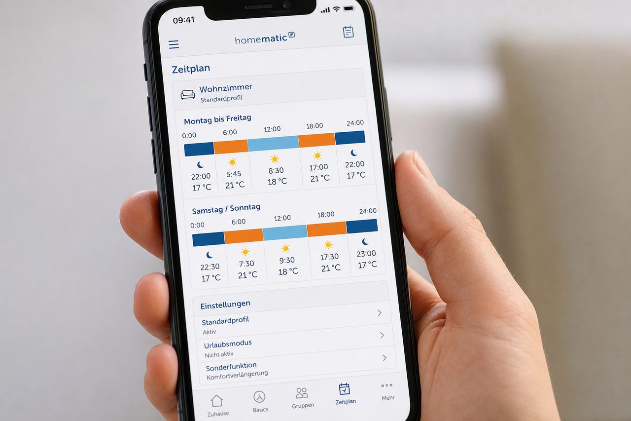 Homematic IP App Zeitplan-Übersicht zeigt automatische Heizungssteuerung für verschiedene Tageszeiten