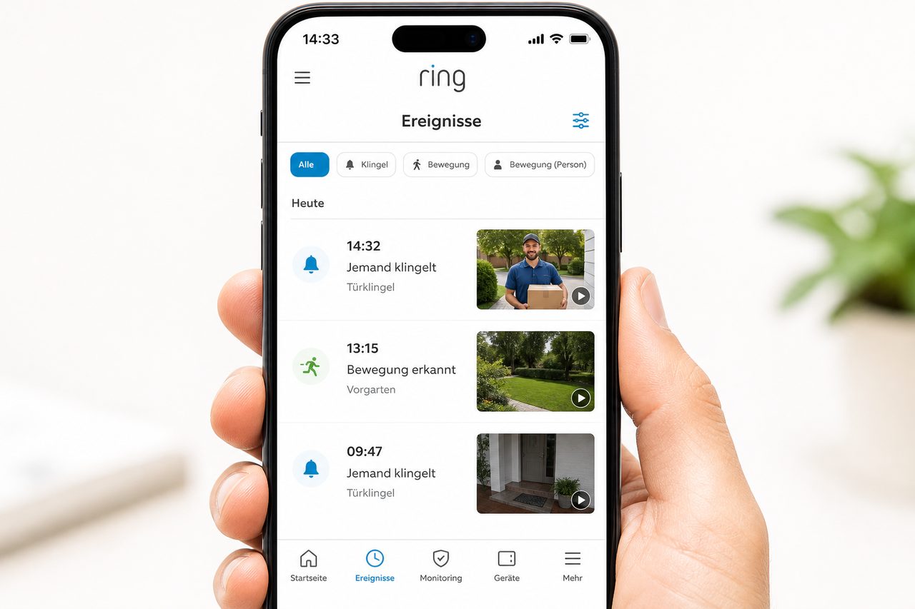 Ring App Ereignisverlauf zeigt alle Klingel- und Bewegungsereignisse mit Zeitstempel und Vorschaubildern