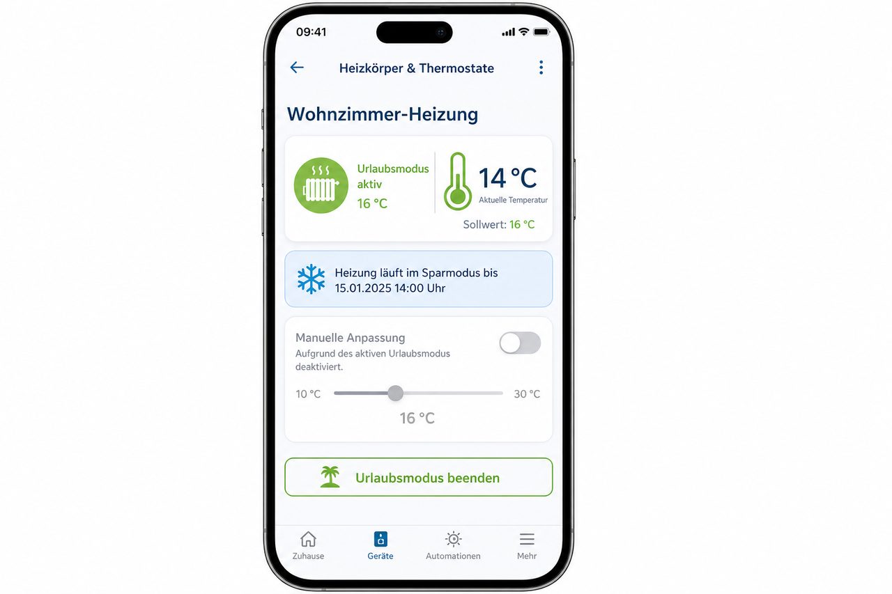 Homematic IP App zeigt den aktiven Urlaubsmodus mit Temperatur 16°C und Countdown bis zur Rückkehr