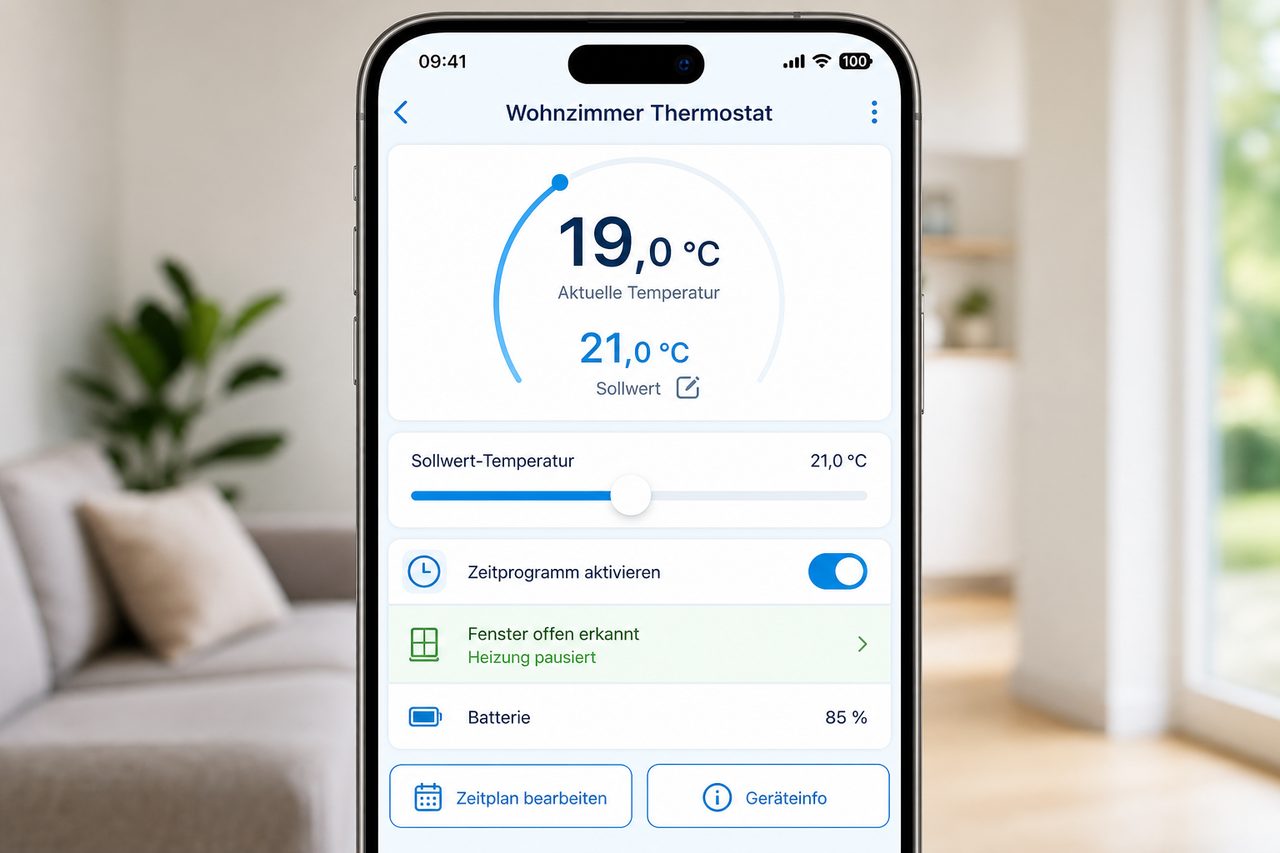 Homematic App Detailansicht: Temperaturregelung mit Schieberegler, Zeitprogramm und Fenster-Erkennungsstatus