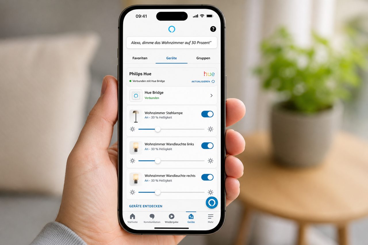 Amazon Alexa App zeigt die verbundenen Philips Hue Lampen im Wohnzimmer mit Sprachsteuerungs-Beispiel
