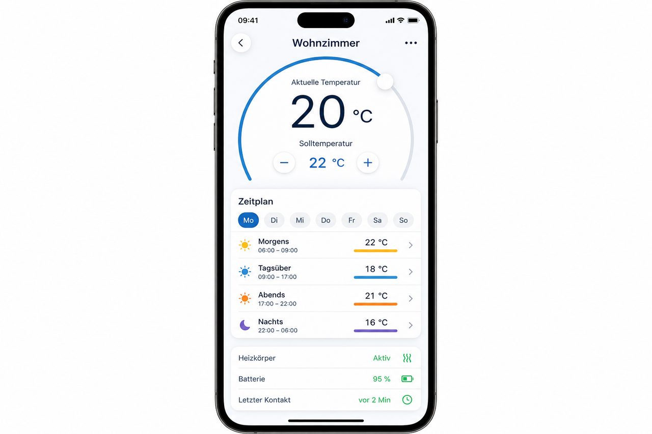 Homematic IP App Detailansicht eines Raums mit Temperaturregelung und Wochenzeitplan auf Deutsch