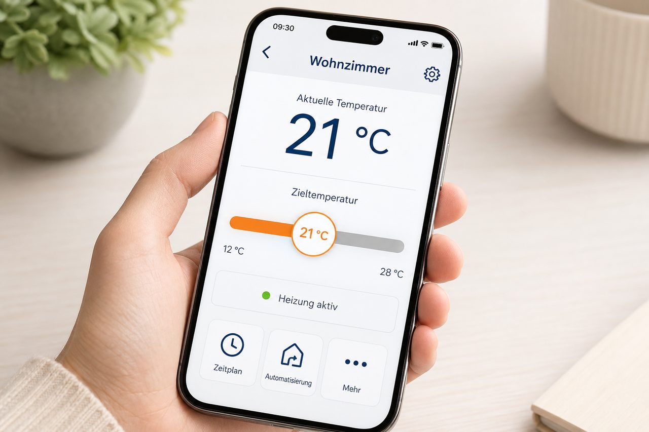 Homematic IP App Detail-Ansicht: Temperaturregelung für das Wohnzimmer mit Schieberegler und Status-Anzeige