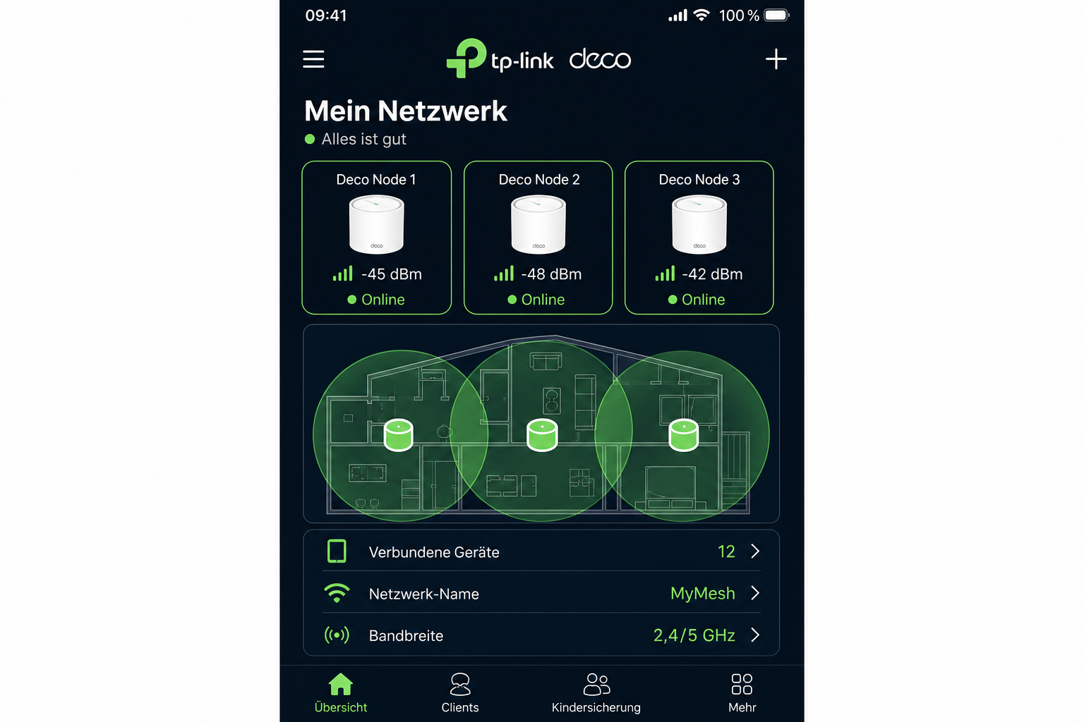 TP-Link Deco App Mesh-Netzwerk-Übersicht: Drei Nodes online mit Signalstärke und Hausabdeckungskarte