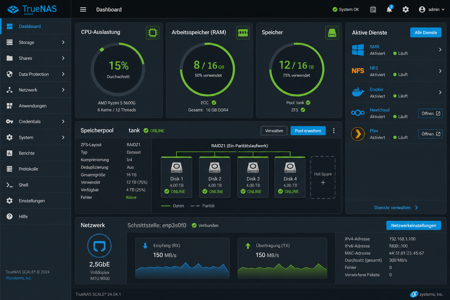 TrueNAS Scale Web-Dashboard mit ZFS-Pool-Status, Systemressourcen und aktiven Diensten
